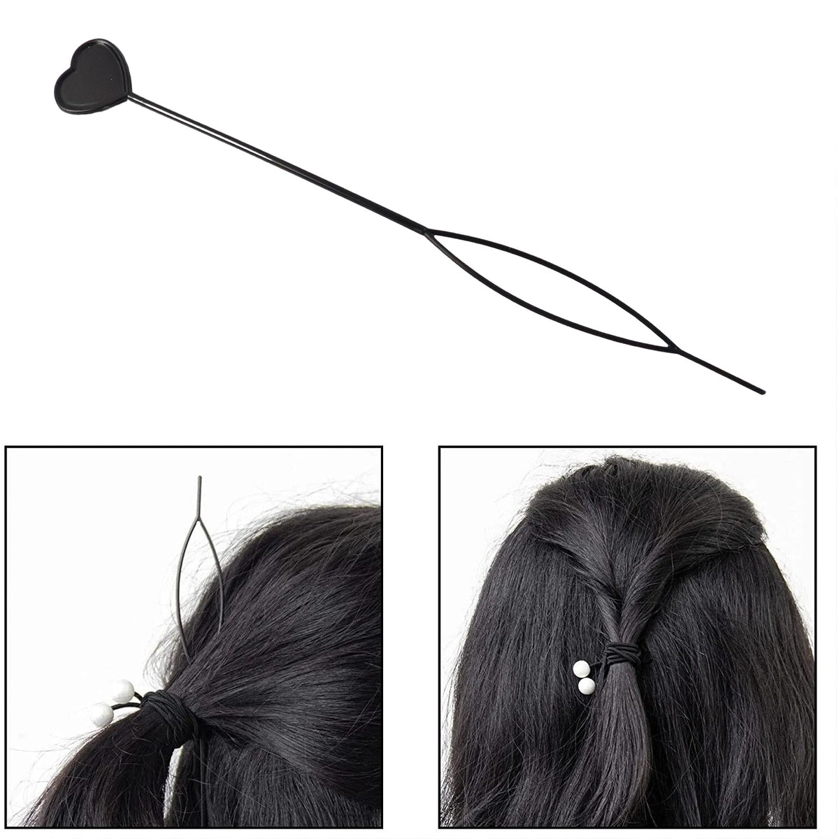 A black heart-shaped hair styling tool above two insets showing it being used to create a ponytail style.