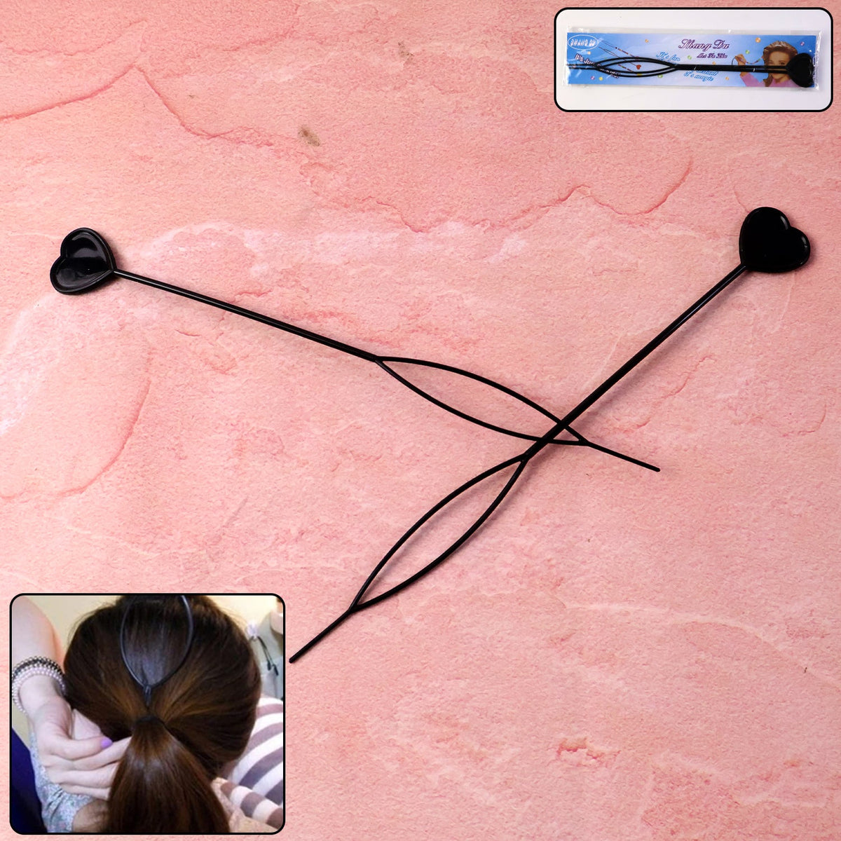 Two black heart-shaped hair styling tools on a pink background, with an inset showing use and packaging.