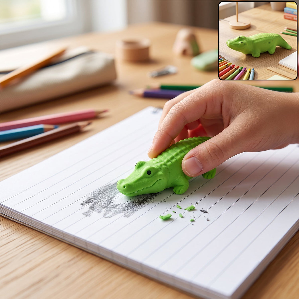 A child's hand uses a green crocodile eraser to rub out pencil marks on a lined notebook, with colored pencils nearby.