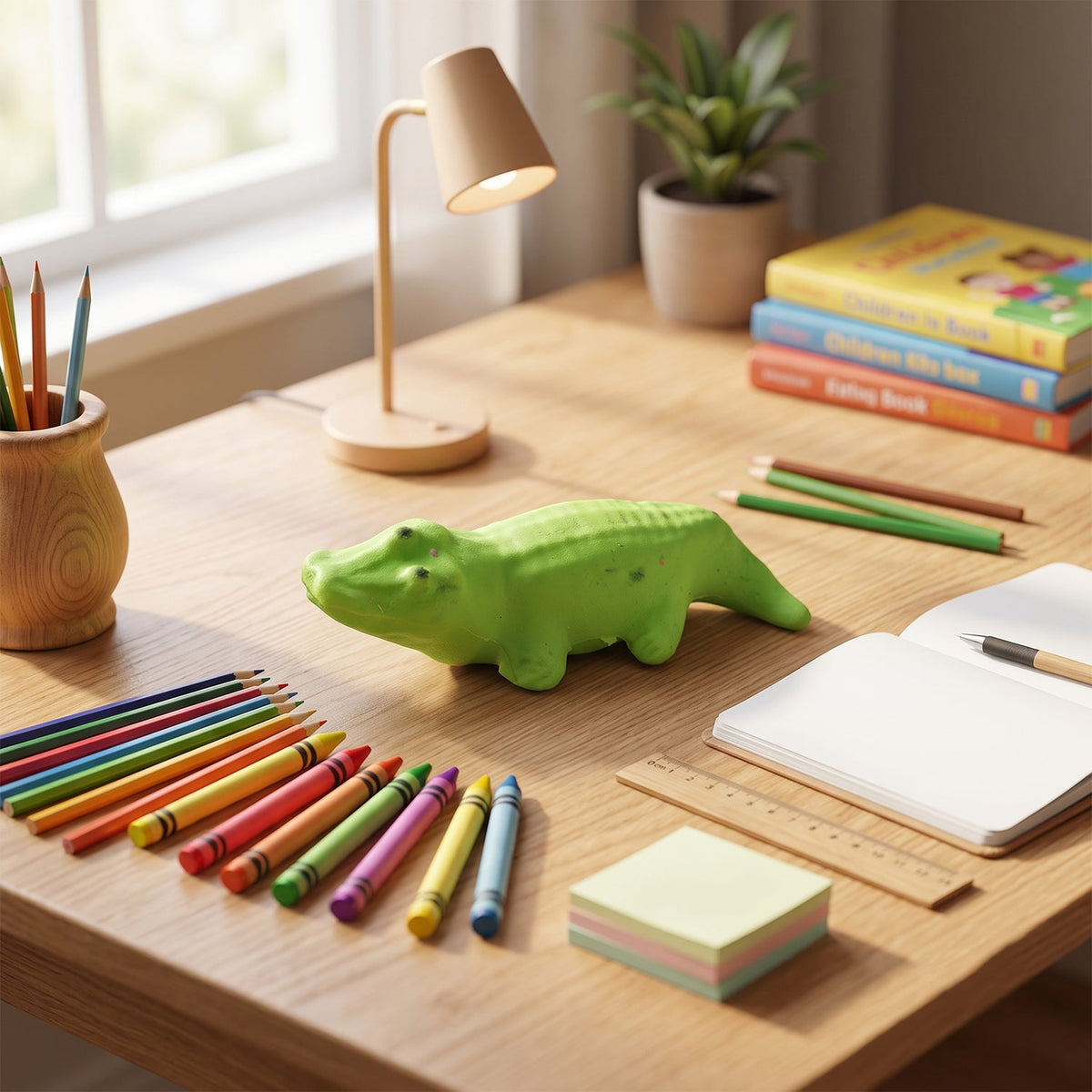 A green crocodile eraser sits on a wooden desk surrounded by crayons, pencils, an open notebook, and a small desk lamp.
