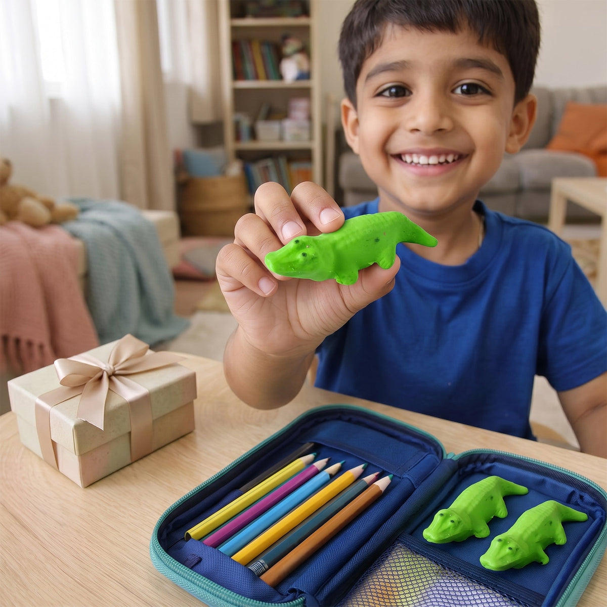 A smiling child holds up a green crocodile eraser, with two more erasers and colored pencils visible in an open pencil case.