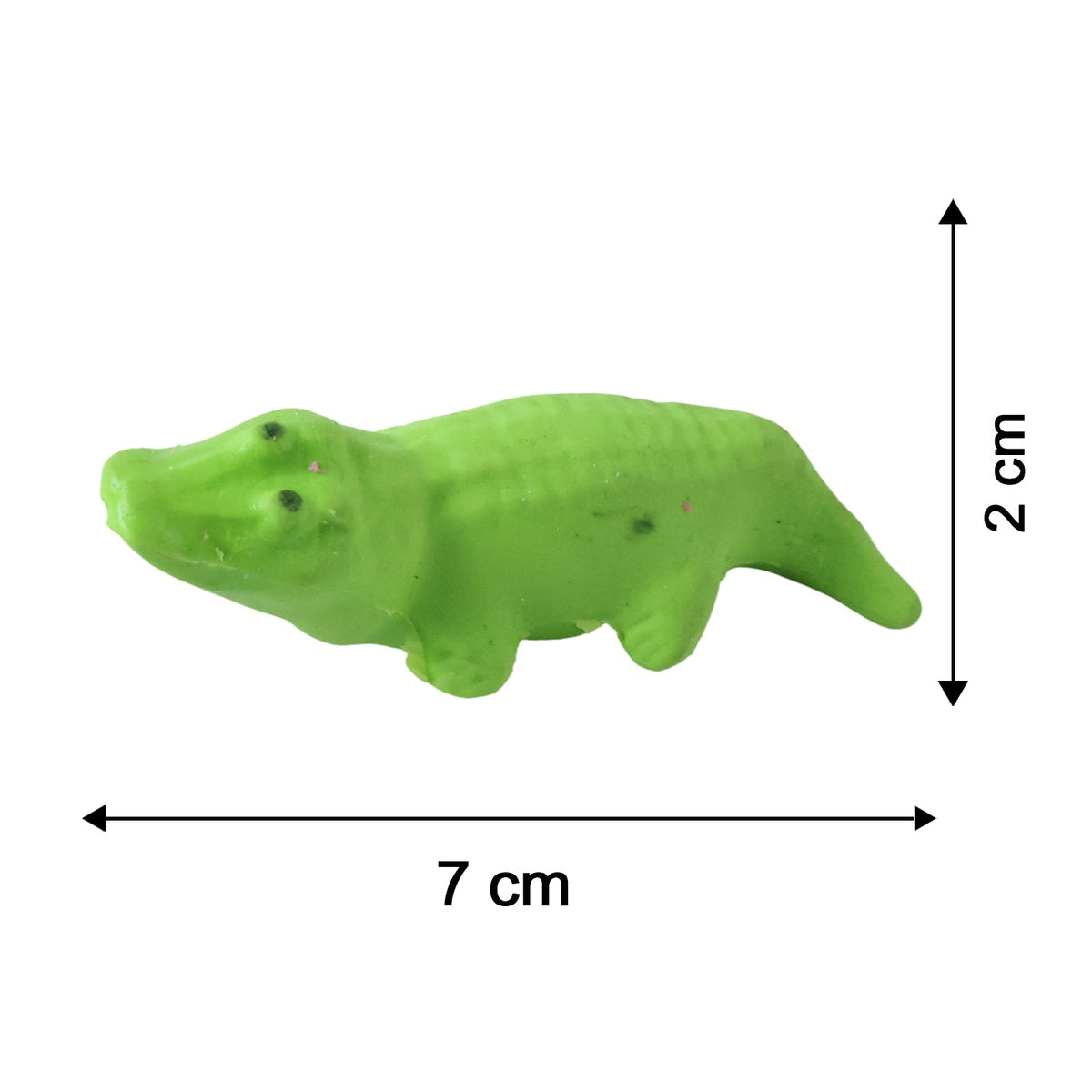 A green crocodile eraser is displayed with its dimensions, 7 cm long and 2 cm high, against a white background.