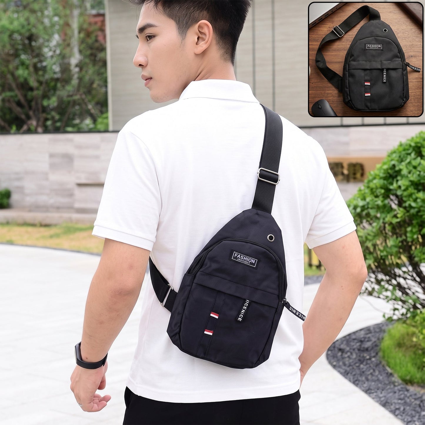 A man wearing a black sling bag across his chest, with a smaller inset image of the bag.