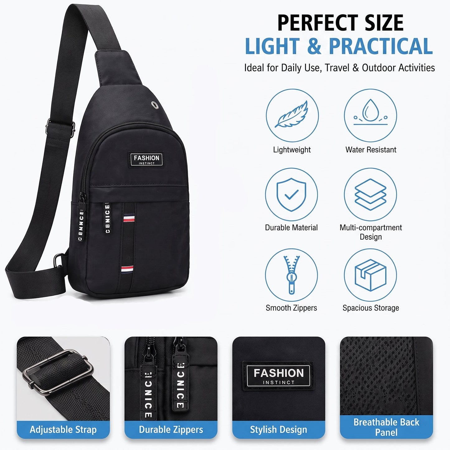 A black sling bag with an infographic highlighting its features like adjustable strap, durable zippers, and breathable back