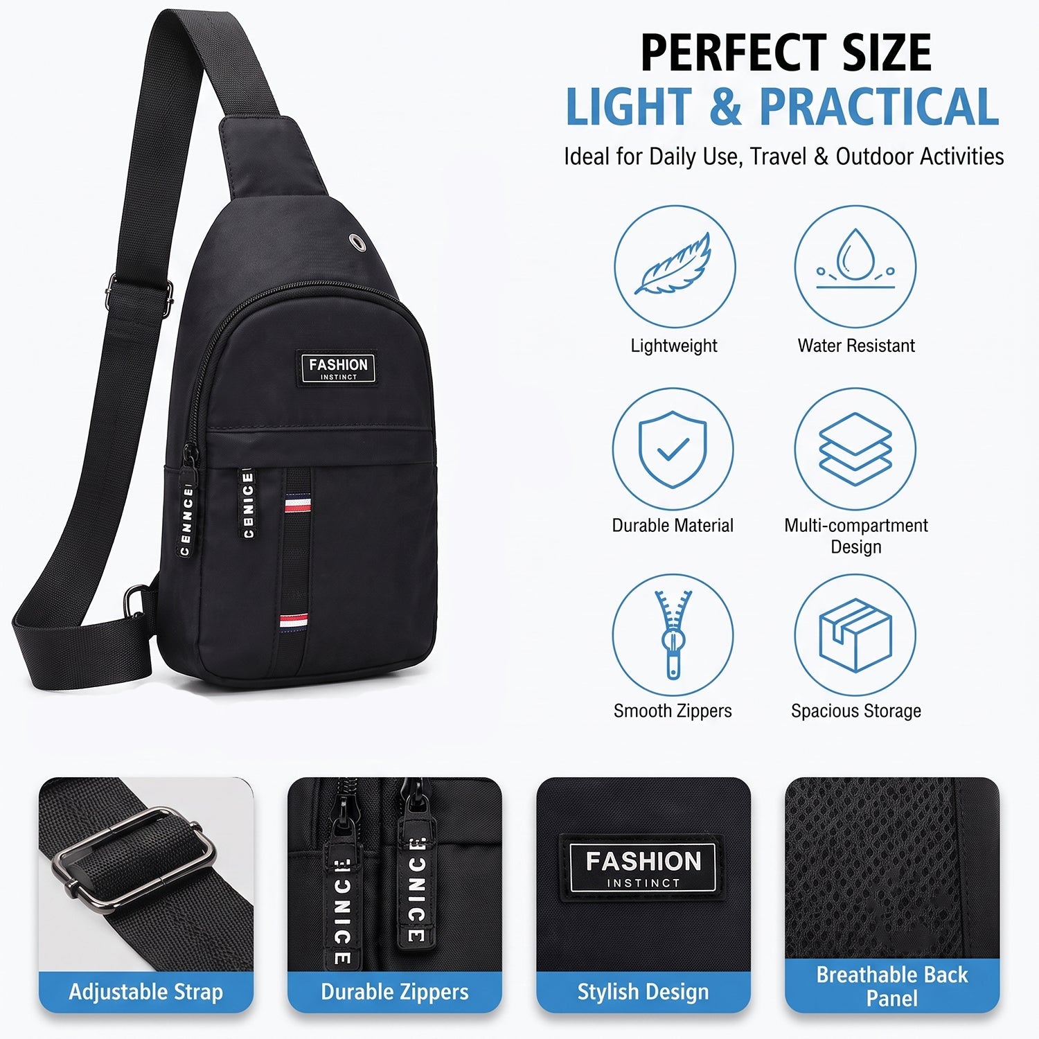 A black sling bag with an infographic highlighting its features like adjustable strap, durable zippers, and breathable back