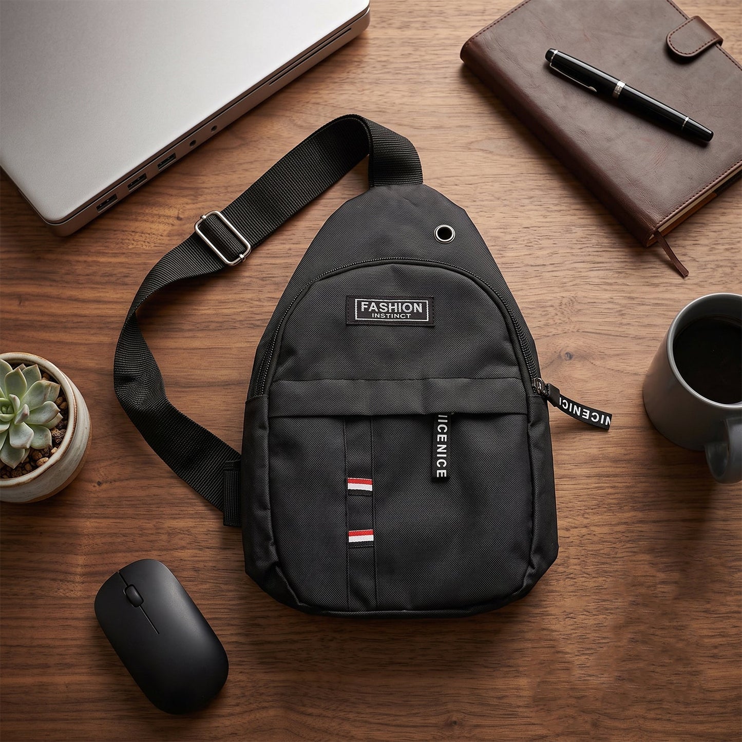 A black sling bag laid on a wooden desk with a laptop, mouse, notebook, pen, and coffee mug.