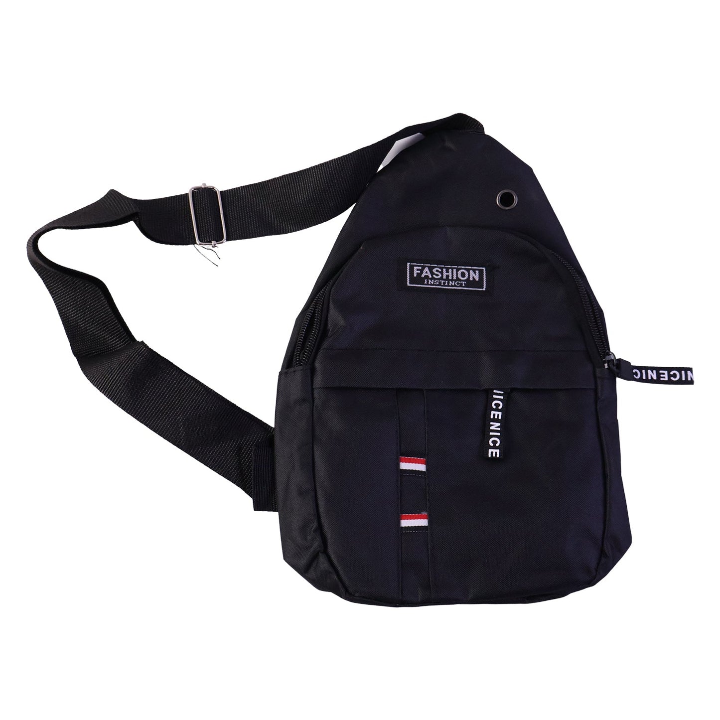 A black sling bag with an adjustable strap, front pocket, and 'FASHION INSTINCT' label.
