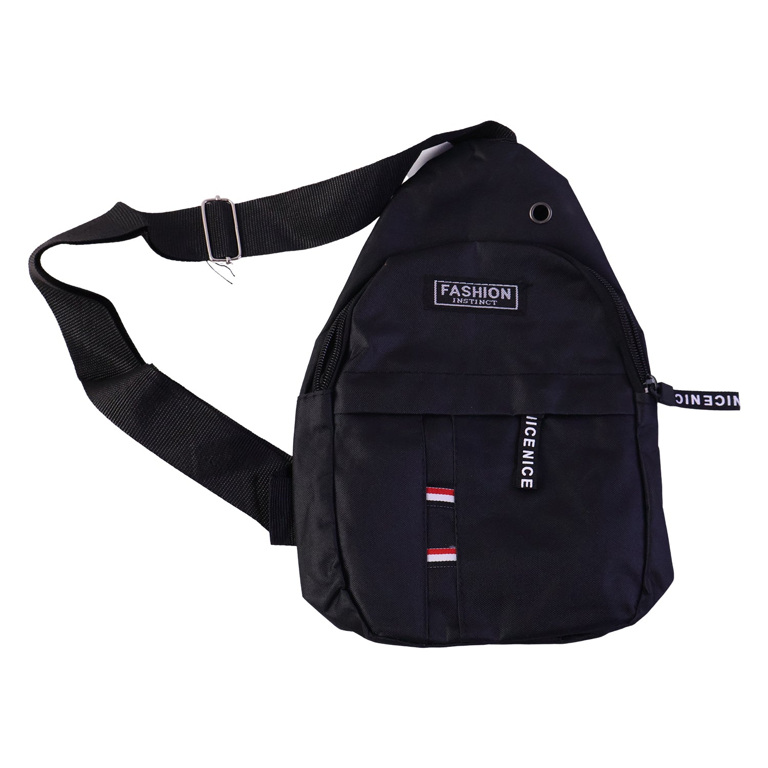 A black sling bag with an adjustable strap, front pocket, and 'FASHION INSTINCT' label.
