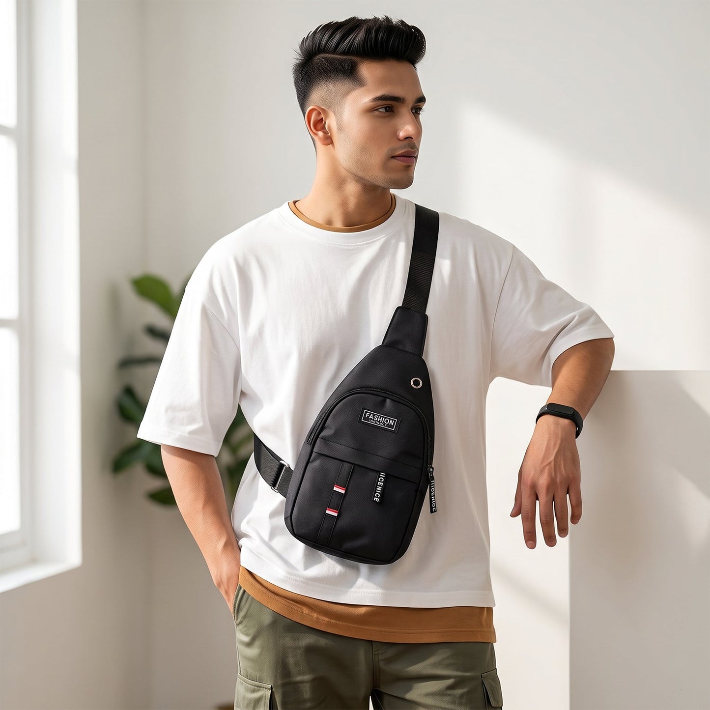 A man wearing a black sling bag across his chest, posing in a modern indoor setting.