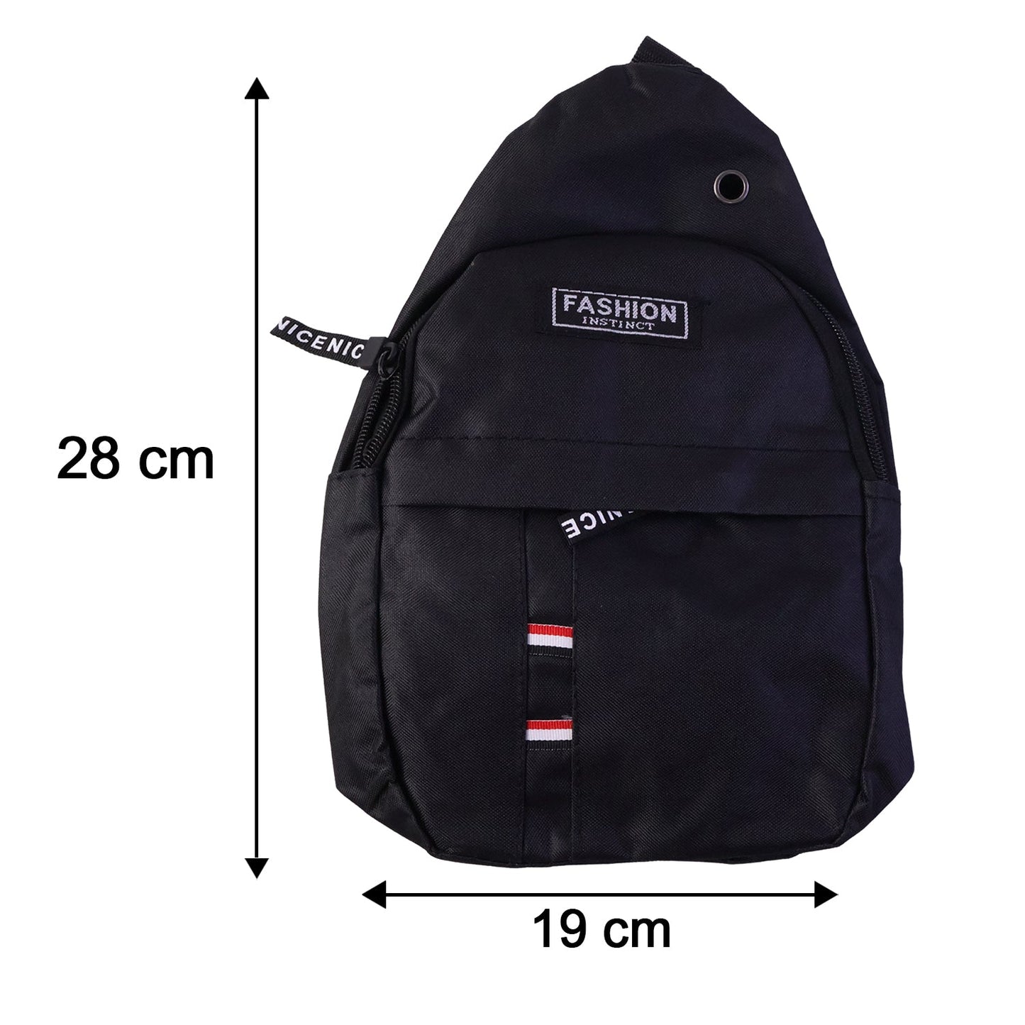 A black sling bag with dimensions indicated: 28 cm height and 19 cm width.