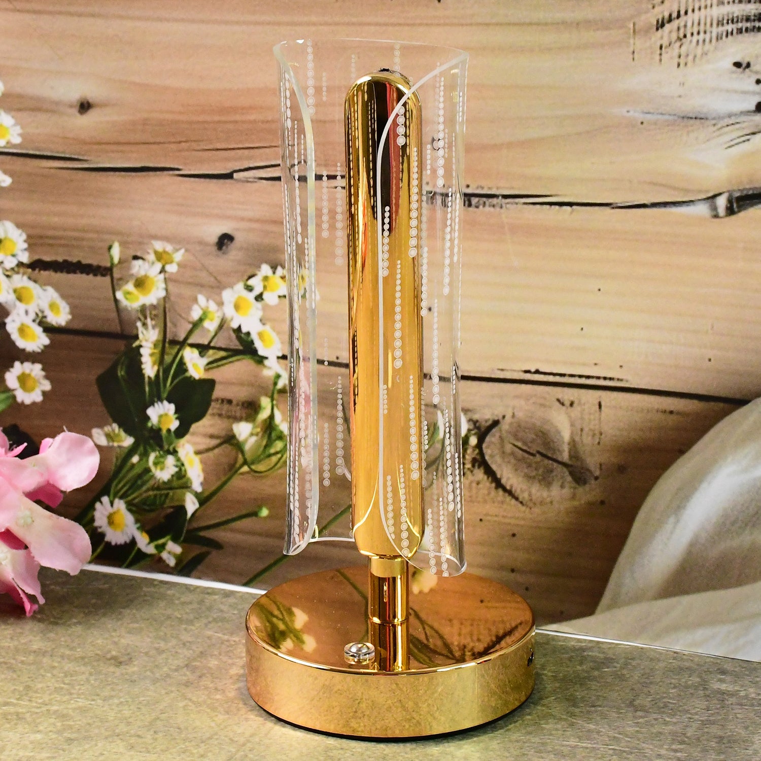 Crystal table lamp in tall cylinder shape with glowing LED light for bedside