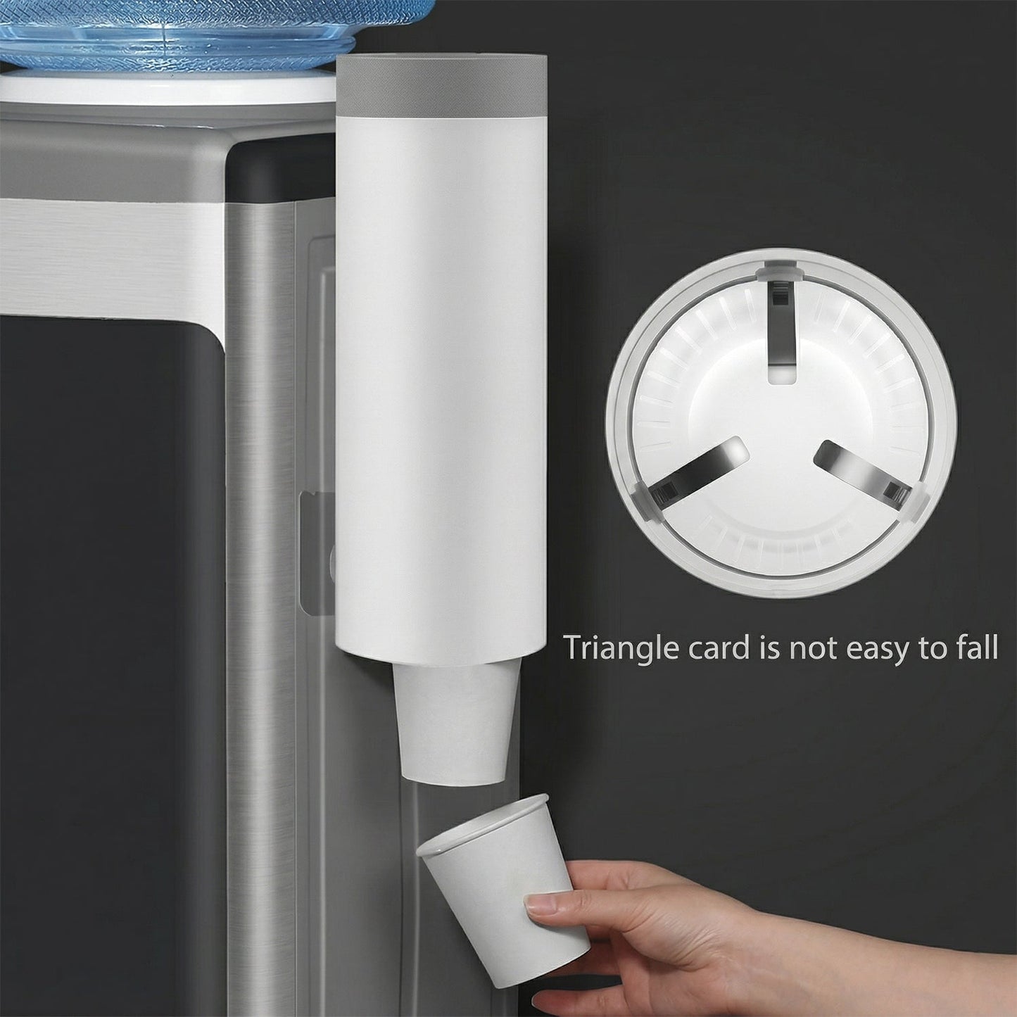 Close-up of dispenser showing cup dispensing slot