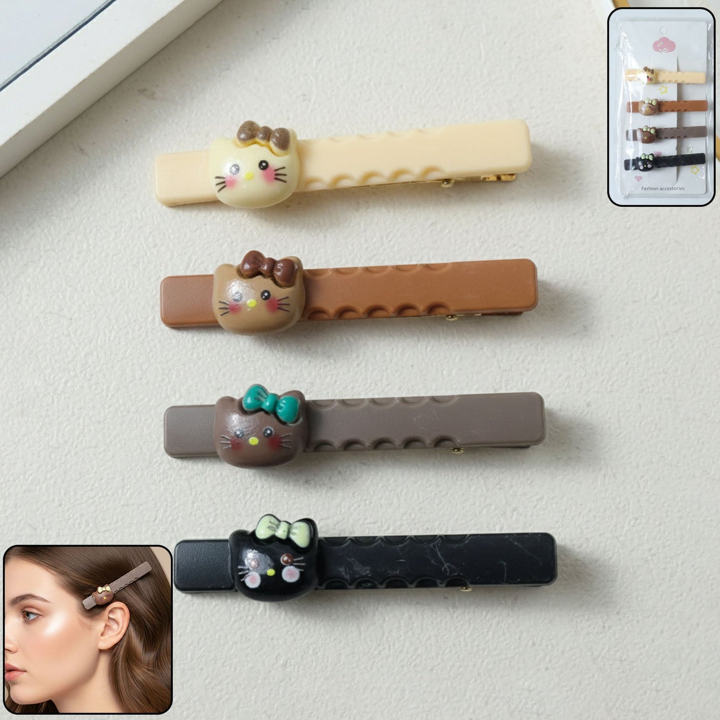 Set of cute cartoon cat hair clips with playful design