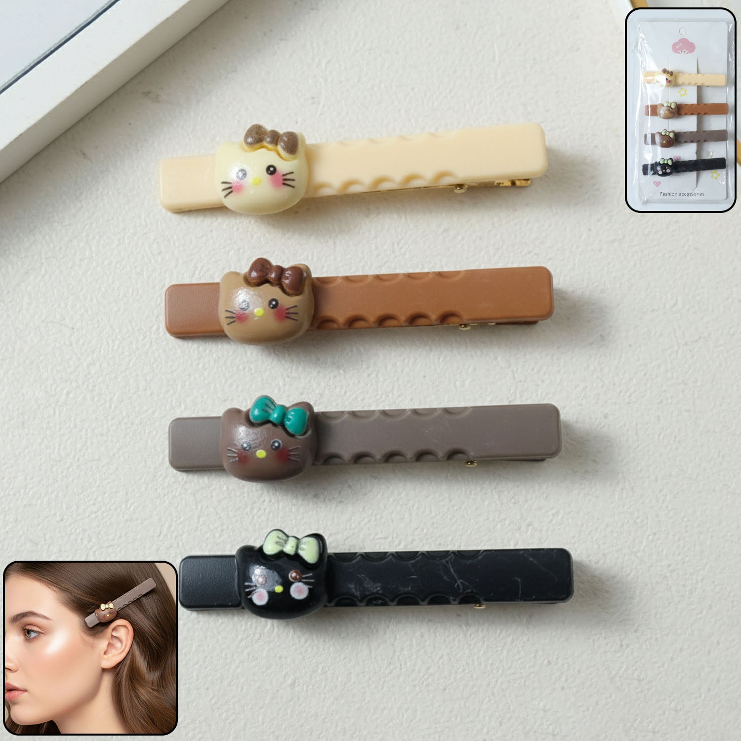 Set of cute cartoon cat hair clips with playful design