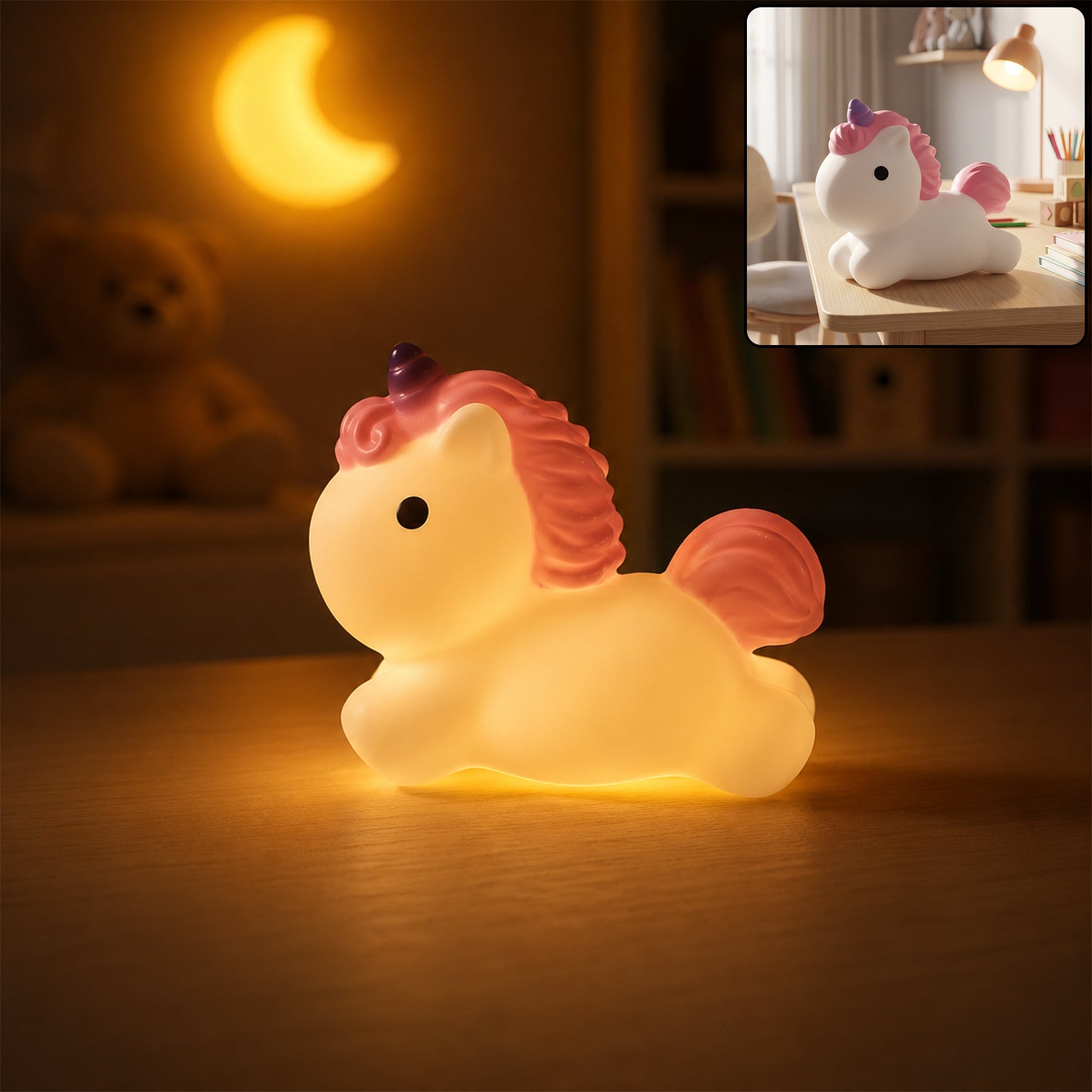 A glowing white unicorn night light with pink mane and tail, and a purple horn, sits on a wooden surface in a dim room.