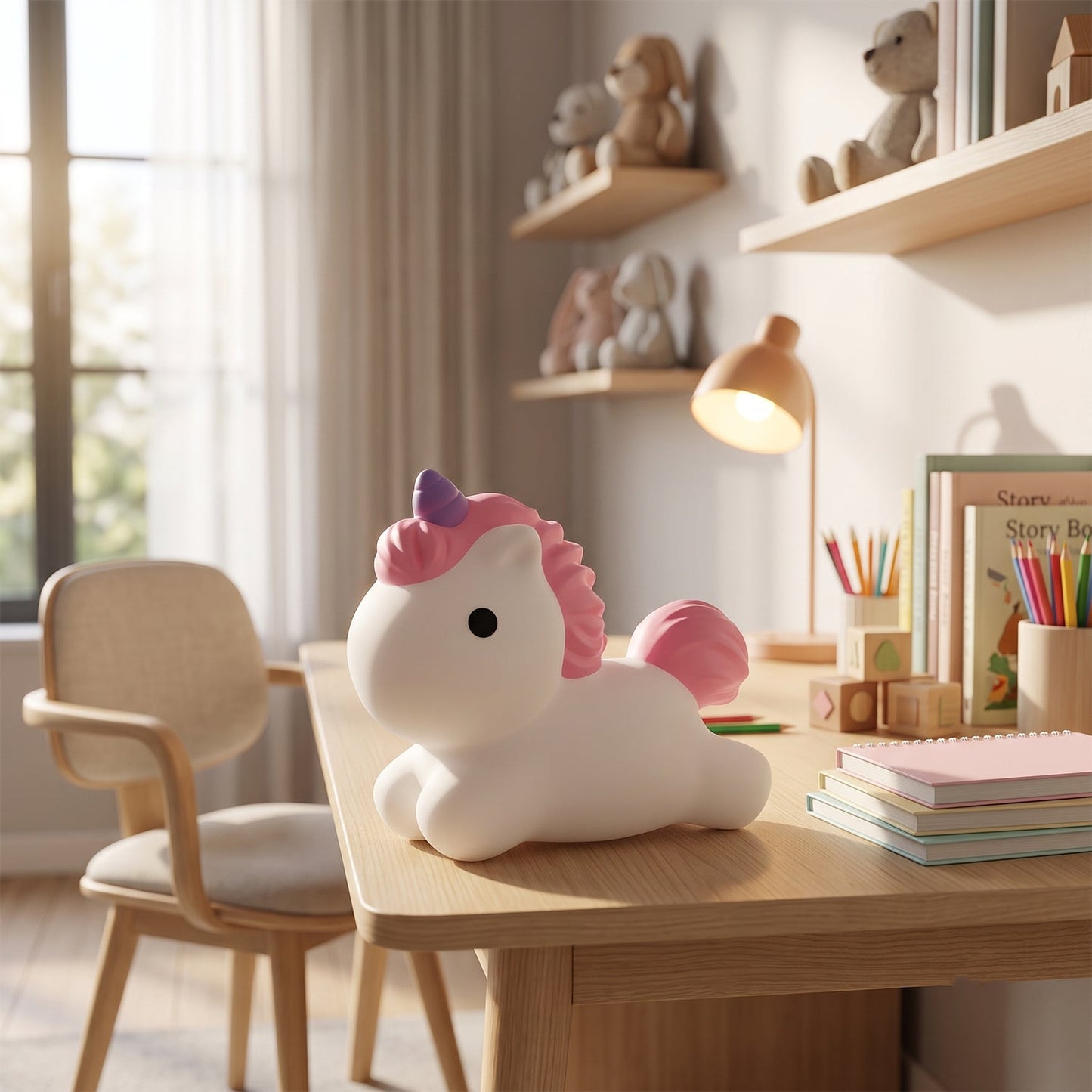 An unlit white unicorn with pink mane and tail, and a purple horn, sits on a light wooden desk in a bright room.