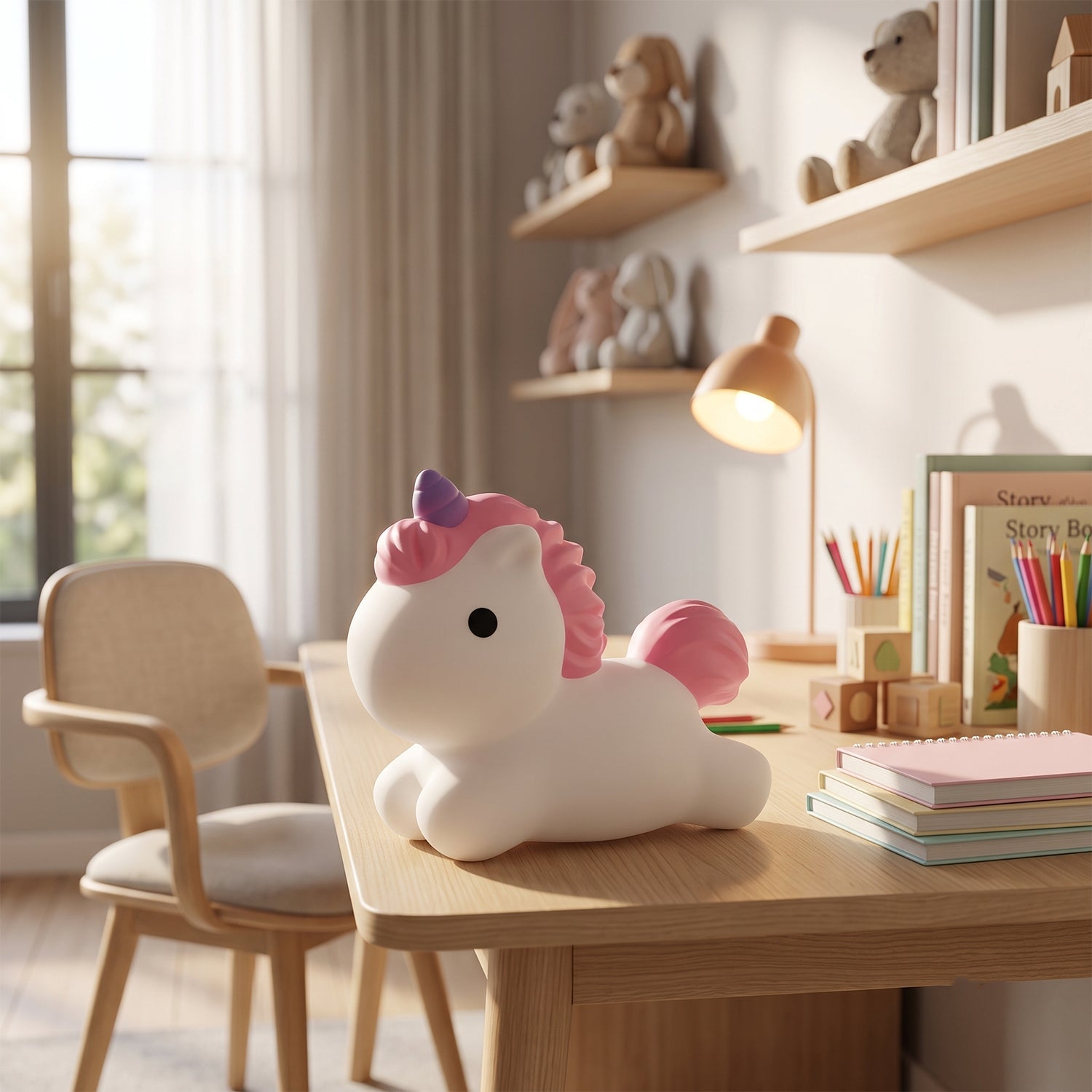 An unlit white unicorn with pink mane and tail, and a purple horn, sits on a light wooden desk in a bright room.