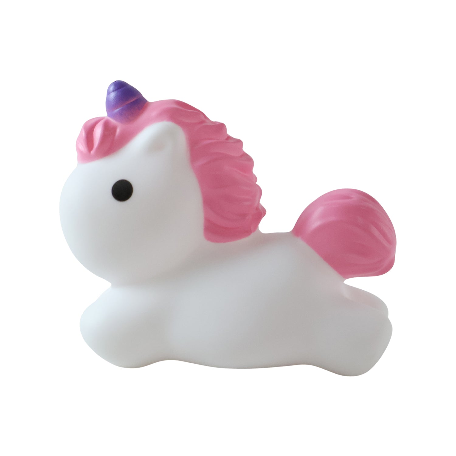 A white unicorn with pink mane and tail, and a purple horn, is shown unlit against a plain white background.