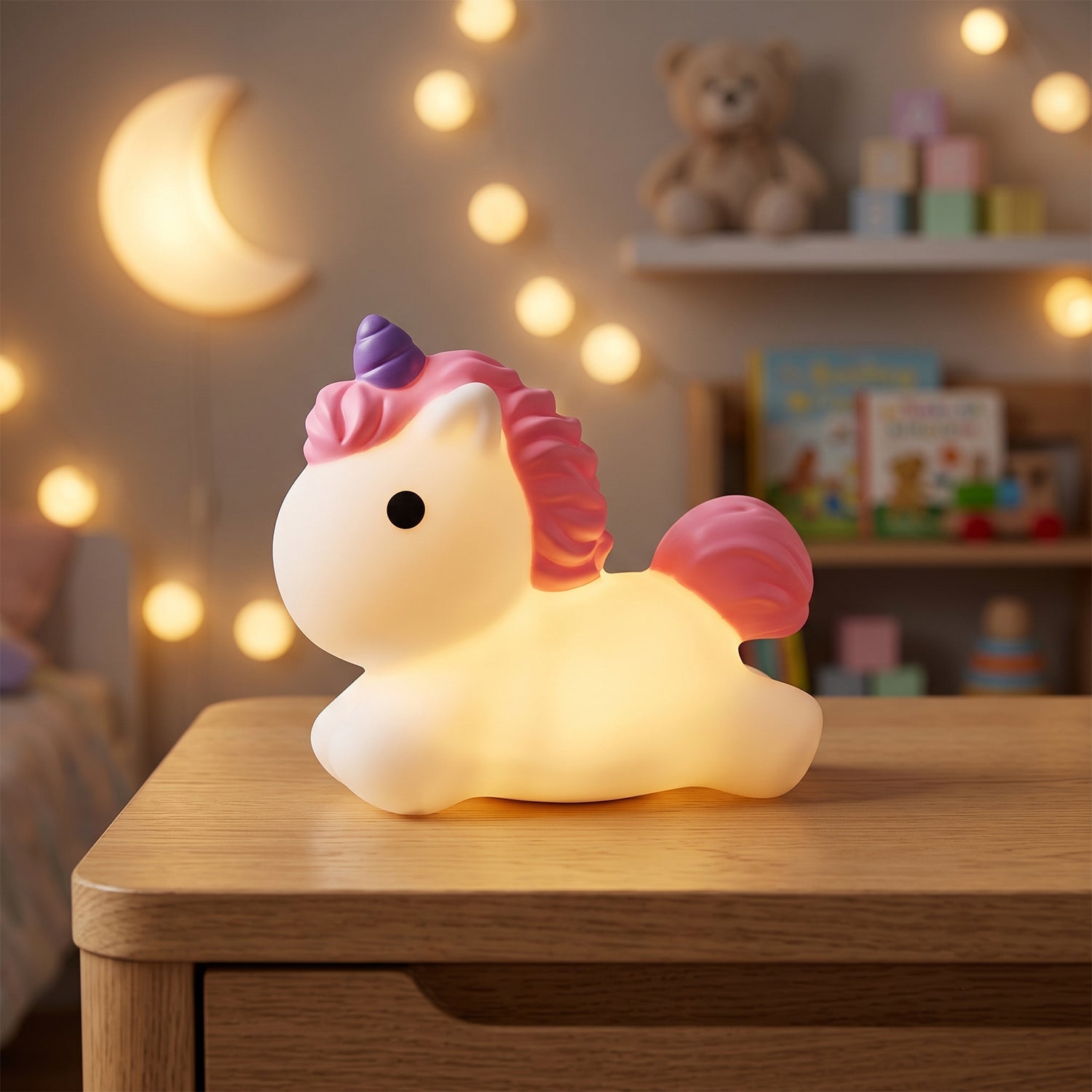 A glowing white unicorn night light with pink mane and tail, and a purple horn, sits on a wooden dresser in a dimly lit room