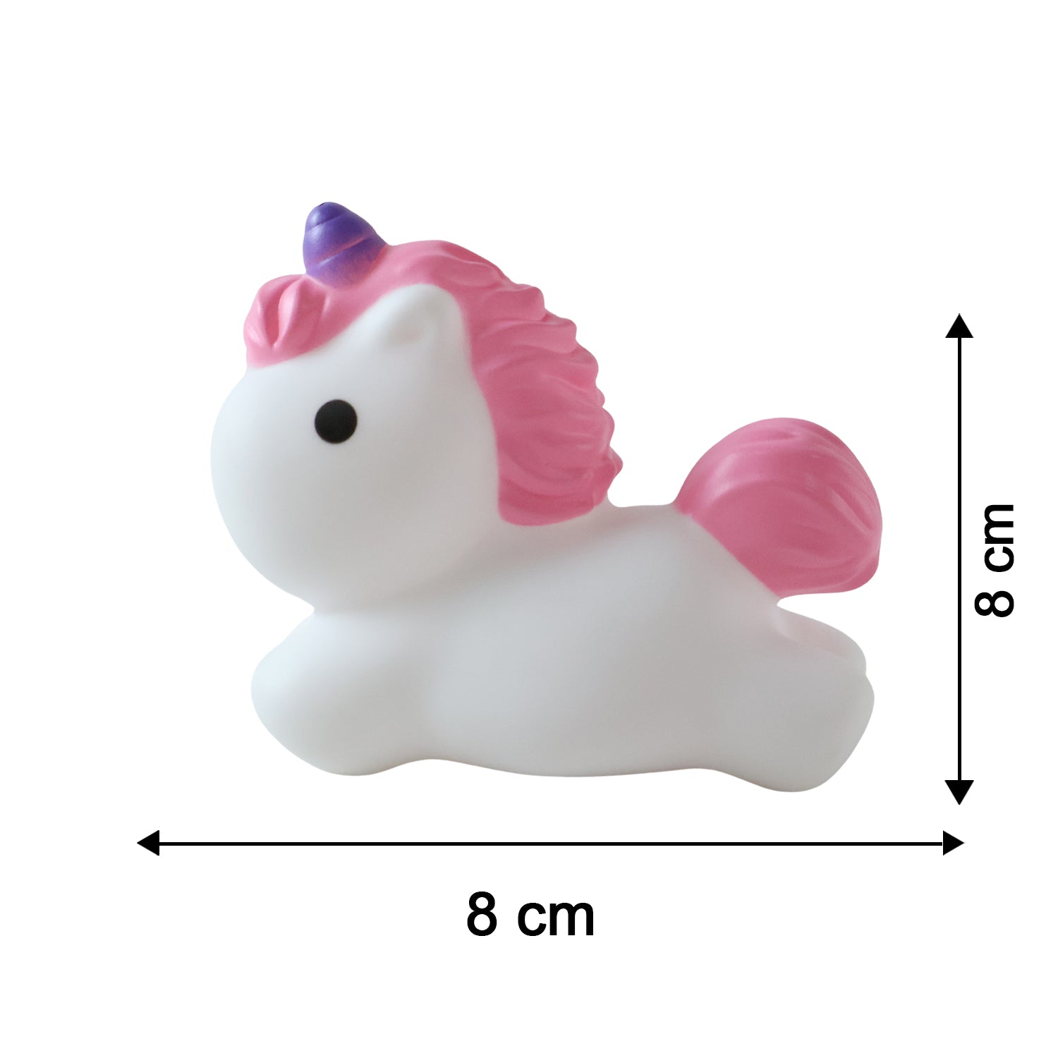 A white unicorn with pink mane and tail, and a purple horn, is shown unlit with its dimensions, 8 cm by 8 cm, indicated by