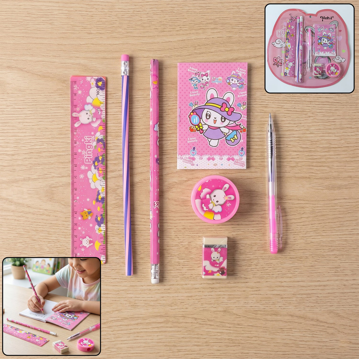 A pink 7-in-1 stationery set with bunny designs, including a ruler, pencils, notebook, sharpener, and eraser.