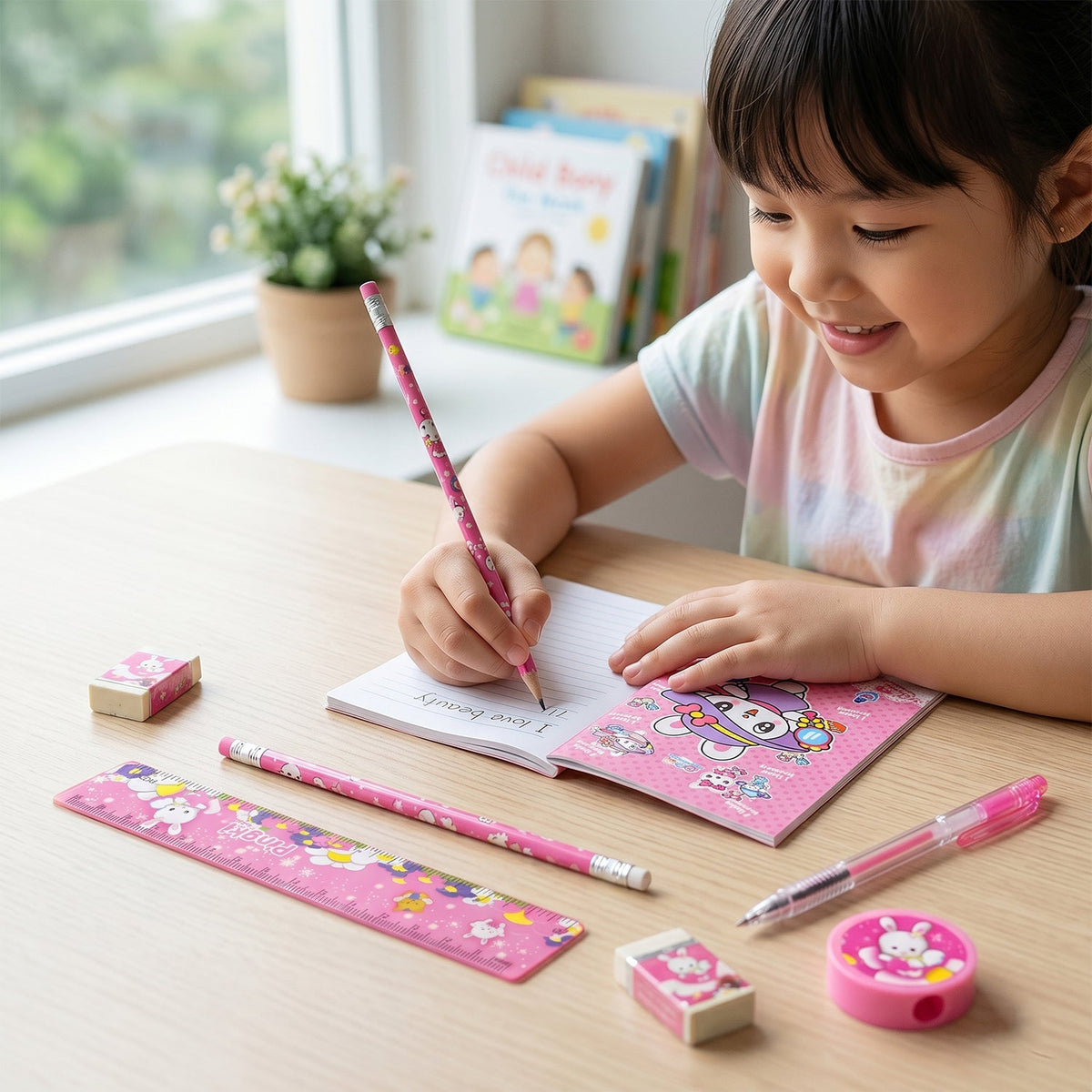A young girl uses the pink bunny-themed stationery set to write in a notebook at a wooden table.