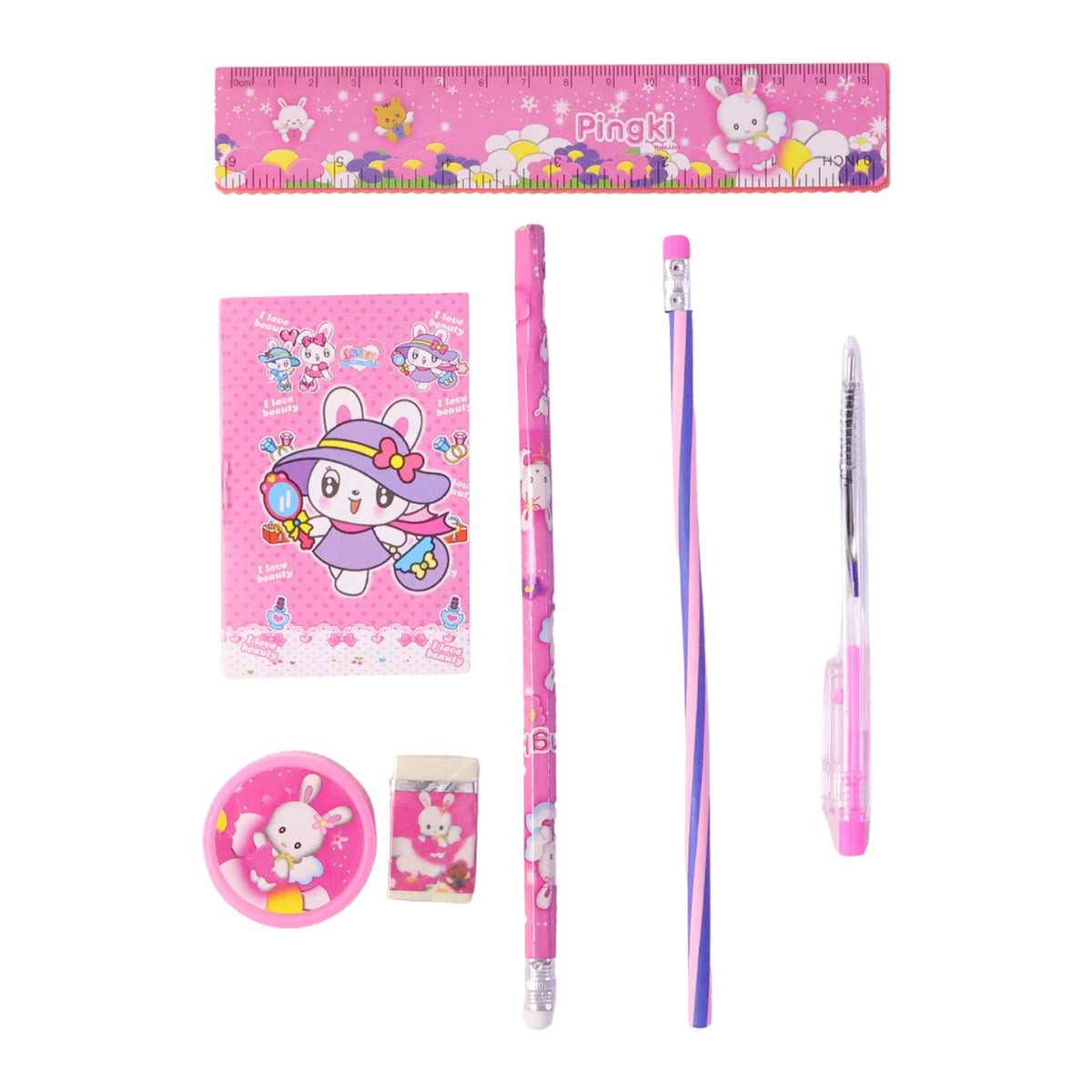 A pink 7-in-1 stationery set with bunny designs, including a ruler, pencils, notebook, sharpener, and eraser on a white