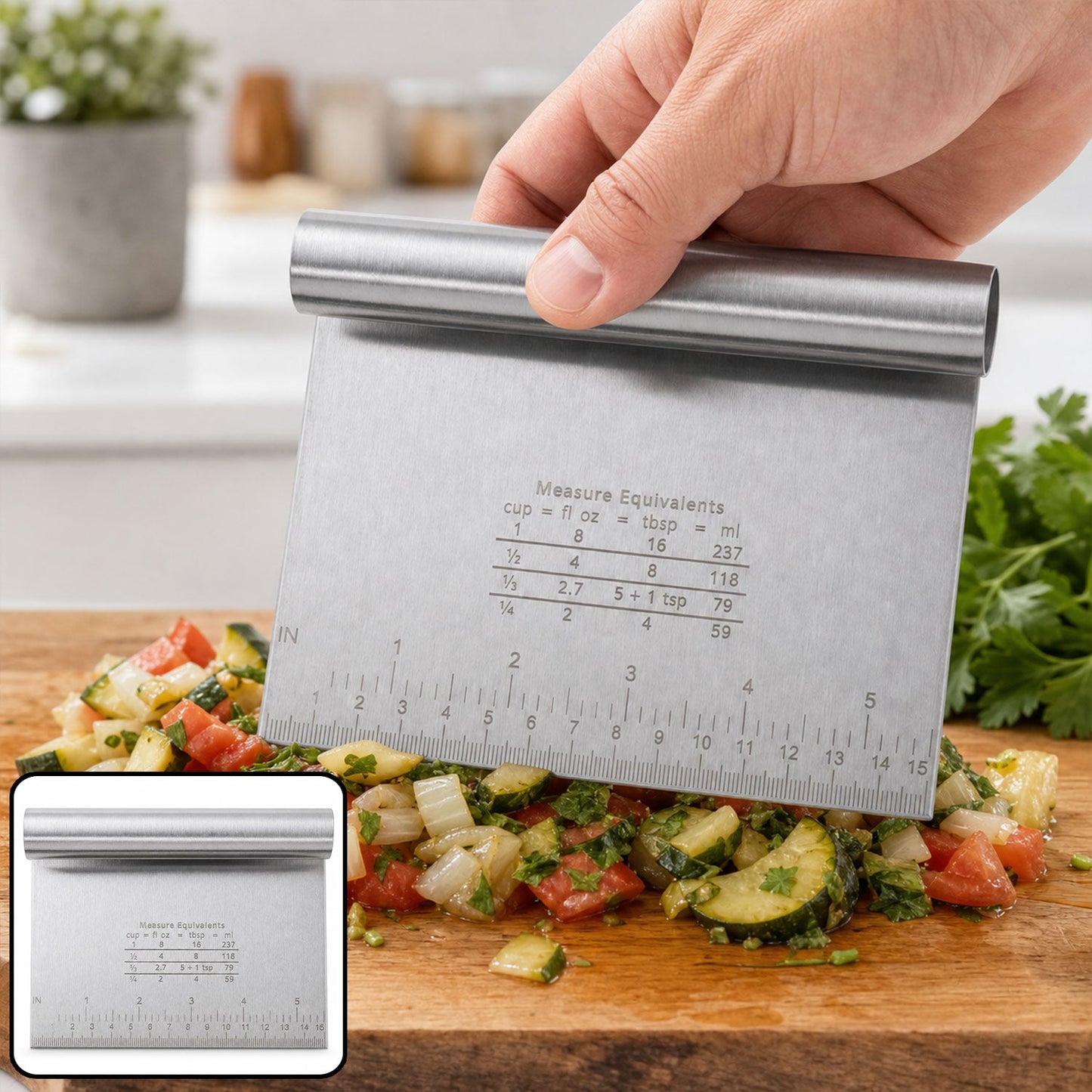 A hand holds a stainless steel dough scraper over chopped vegetables on a wooden cutting board.