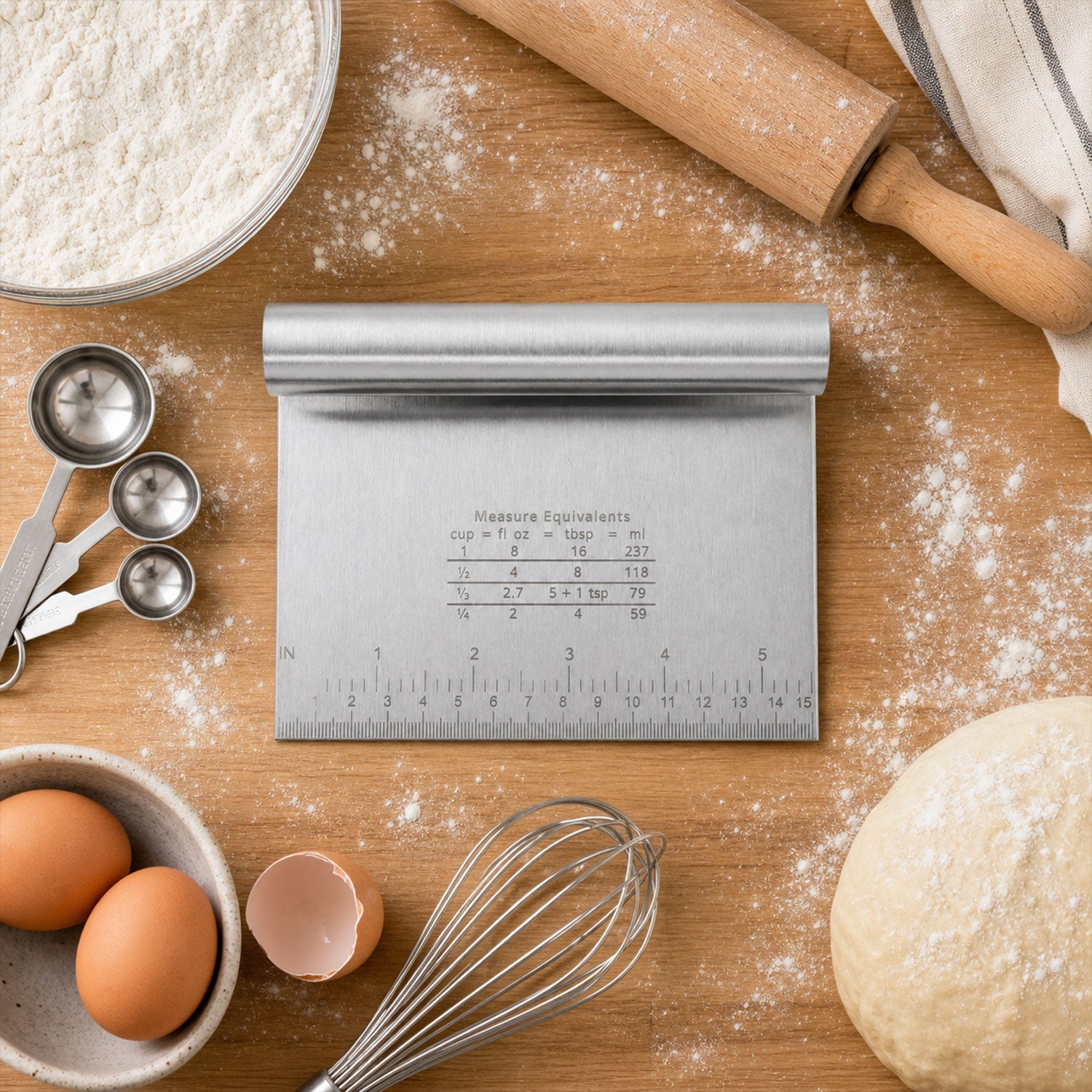 A stainless steel dough scraper lies on a wooden surface surrounded by baking ingredients like flour, eggs, and a whisk.