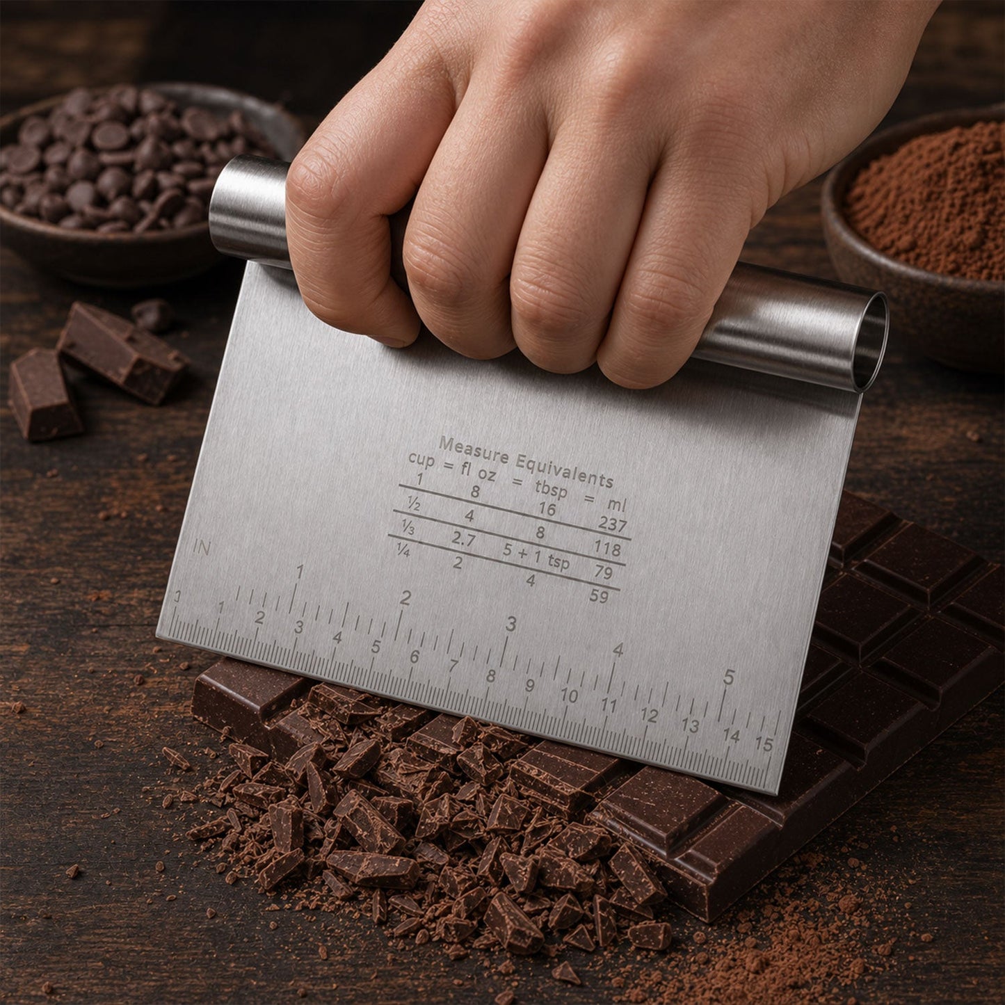 A hand uses a stainless steel dough scraper to chop a large bar of dark chocolate, creating chocolate shavings.