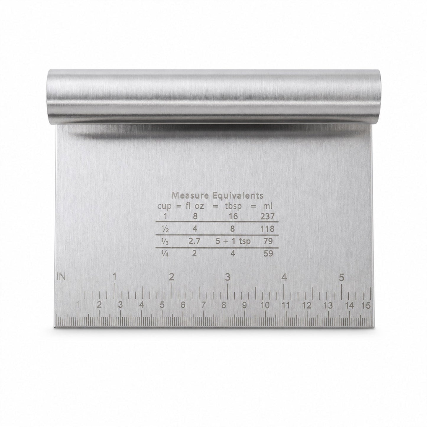 A close-up of a stainless steel dough scraper with a ruler on the bottom edge and a measurement conversion chart on the