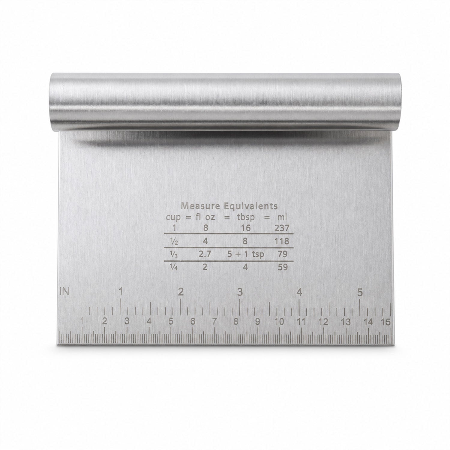A close-up of a stainless steel dough scraper with a ruler on the bottom edge and a measurement conversion chart on the