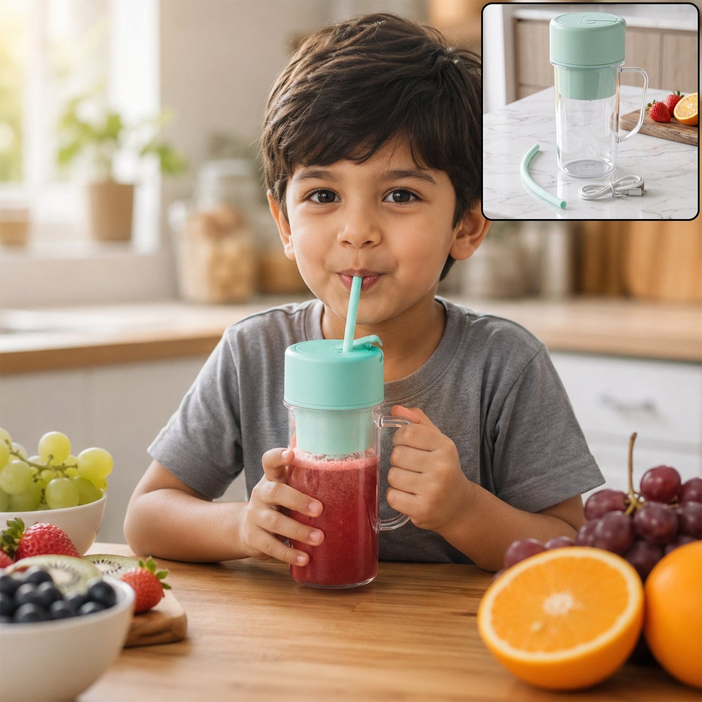 A young boy sips a red smoothie from a clear blender bottle with a mint green lid and straw in a kitchen setting