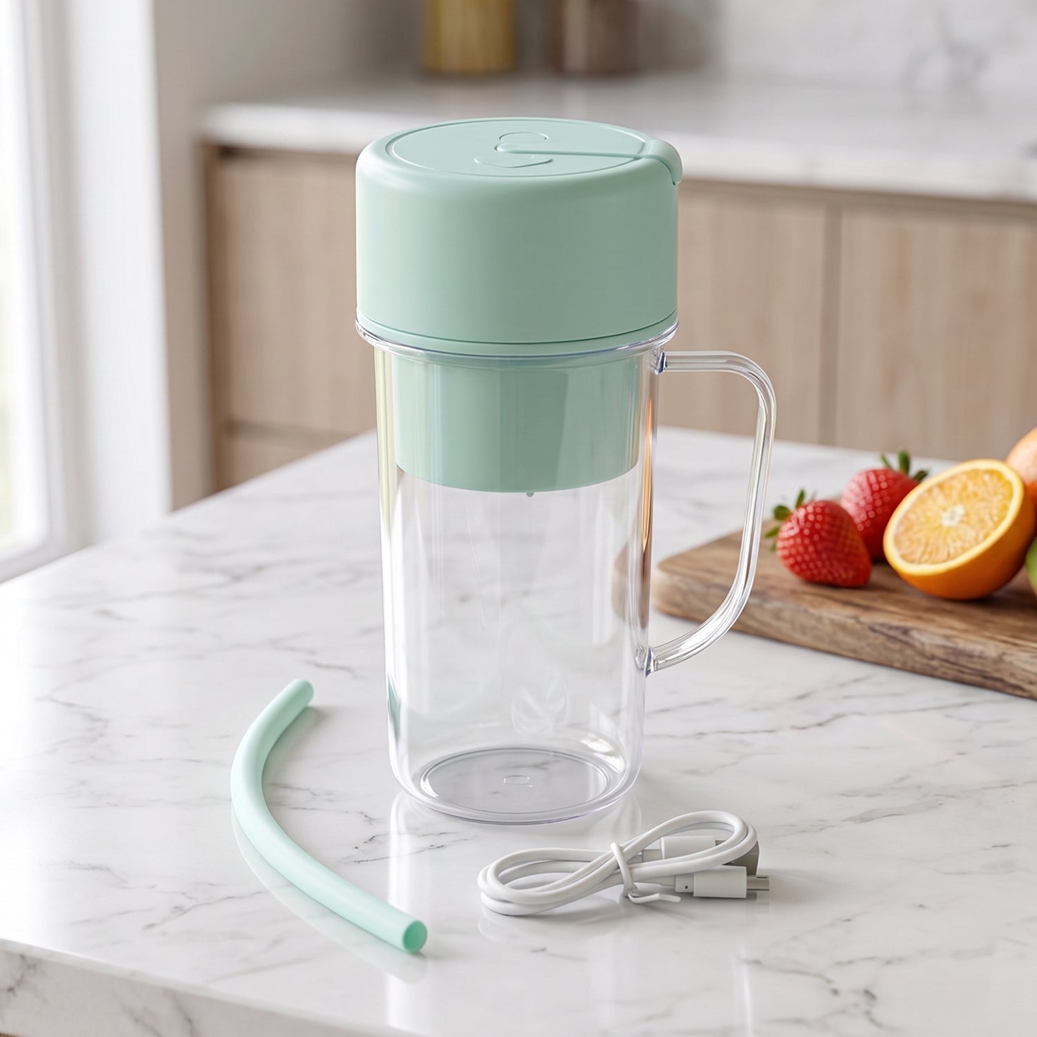 A clear blender bottle with a mint green lid and filter, a matching straw, and a white USB cable on a marble counter.