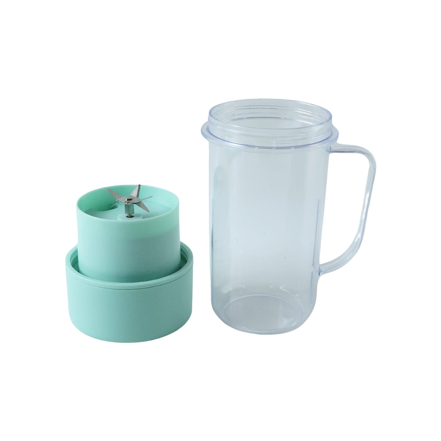 The clear blender bottle stands next to its disassembled mint green base, revealing a four-blade stainless steel blender.