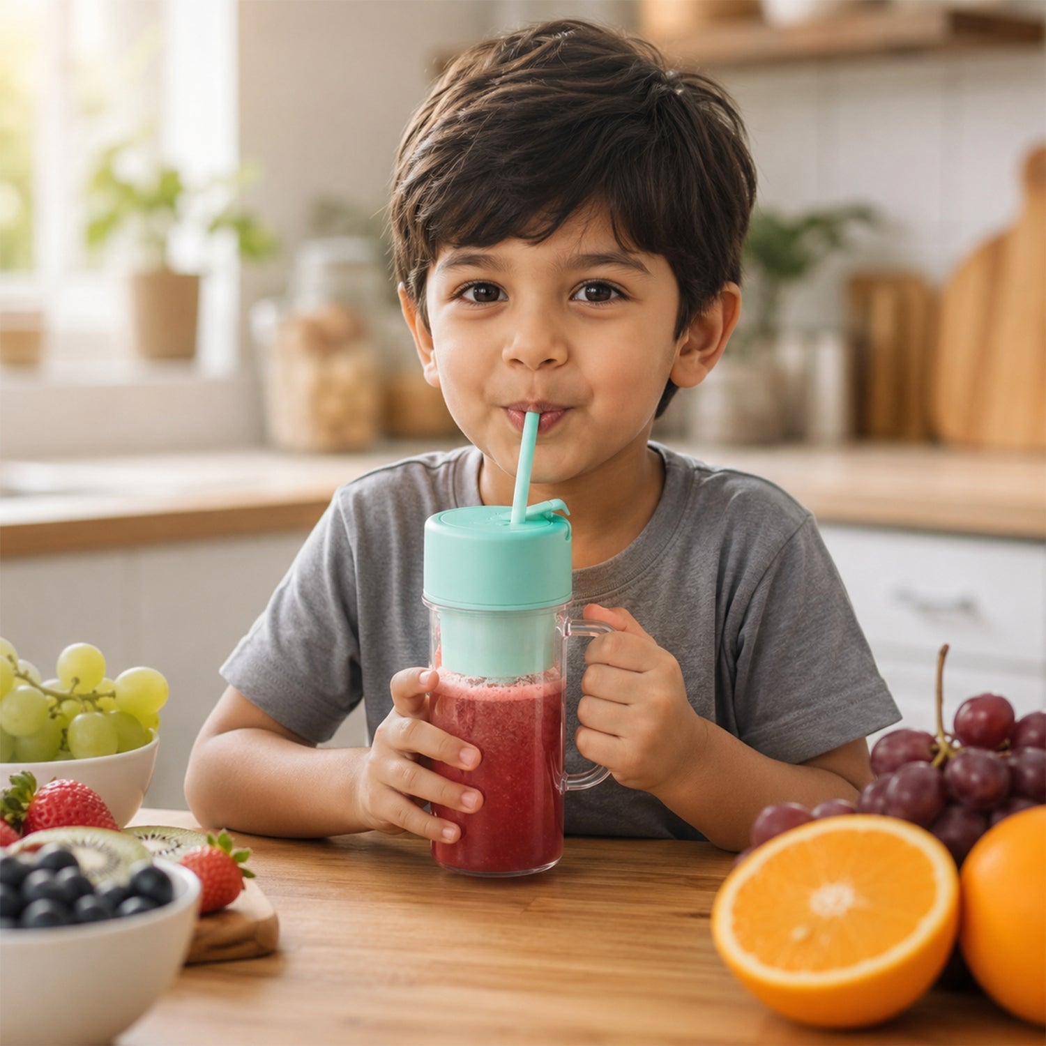 A young boy sips a red smoothie from a clear blender bottle with a mint green lid and straw in a kitchen setting.