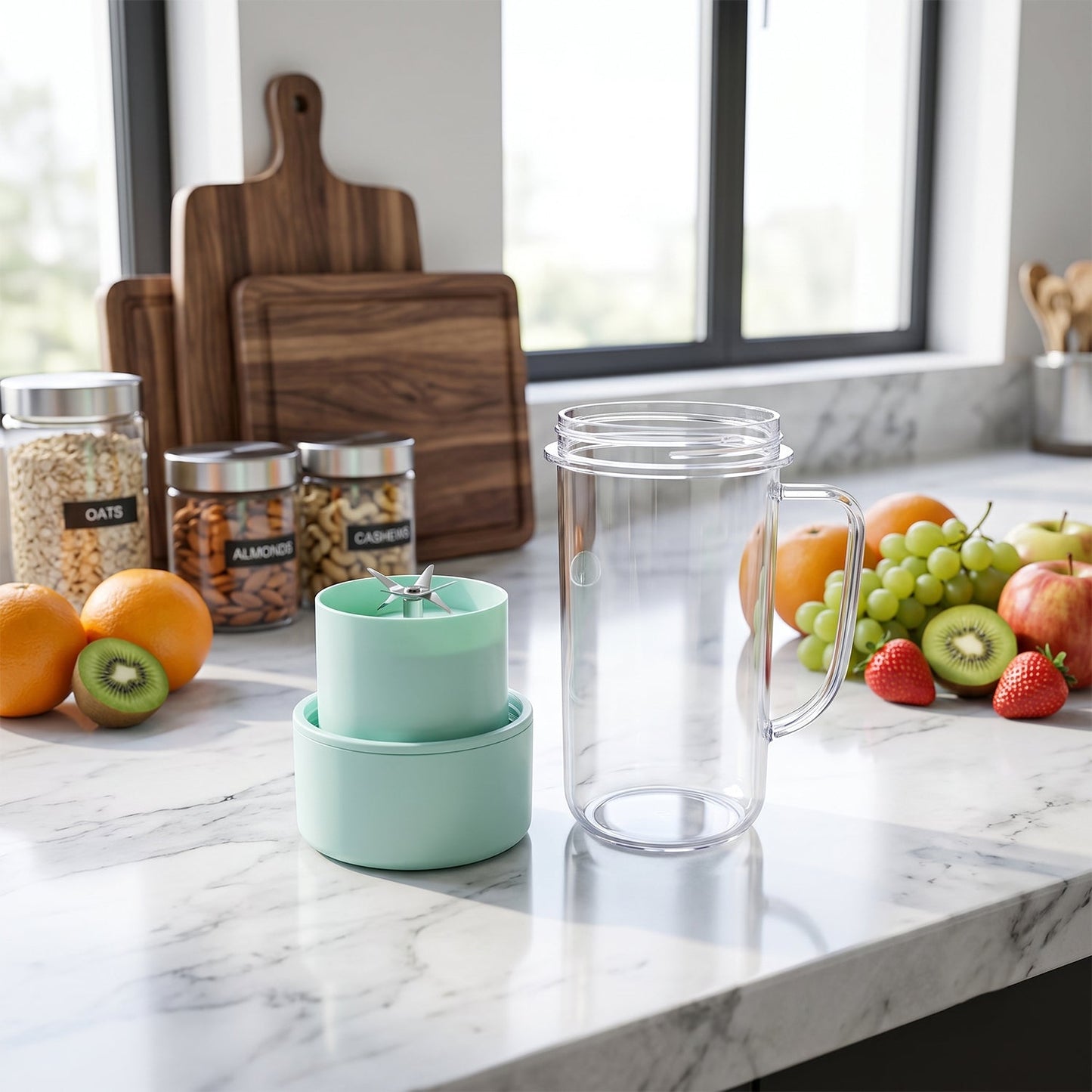 A clear blender bottle and its mint green blade base sit on a marble counter with fruits and jars of oats and nuts in the