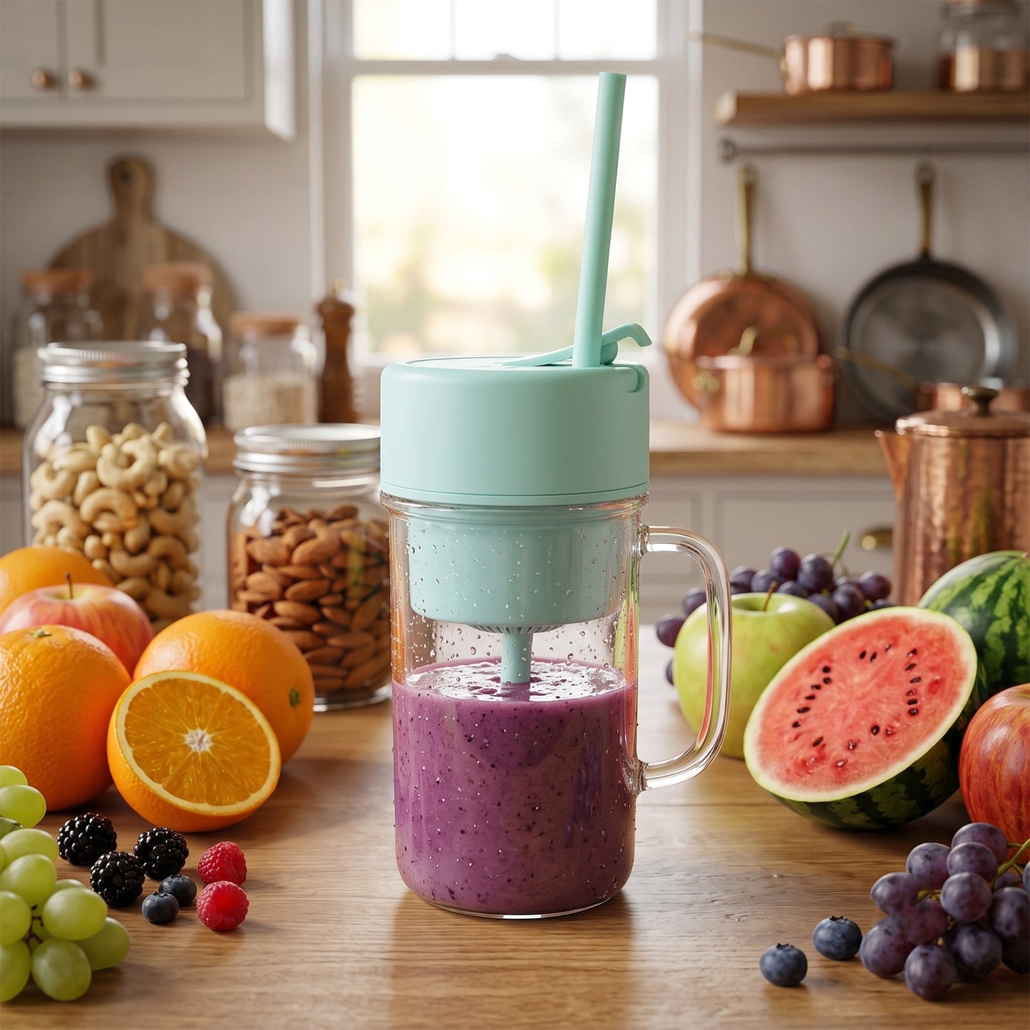 A clear blender bottle with a purple smoothie and mint green lid and straw is surrounded by various fresh fruits on a wooden
