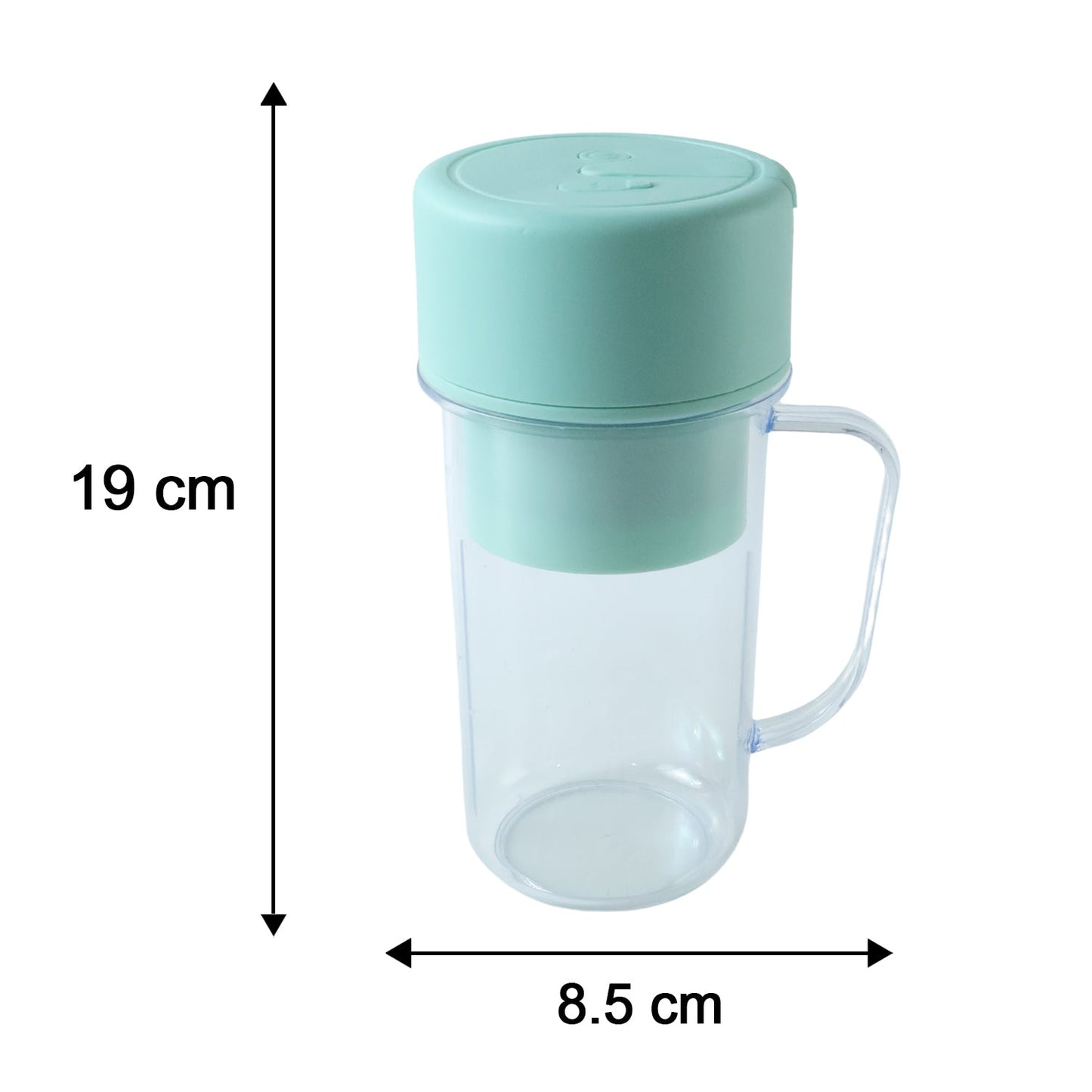 The clear blender bottle with mint green lid is shown with dimensions: 19 cm height and 8.5 cm width.