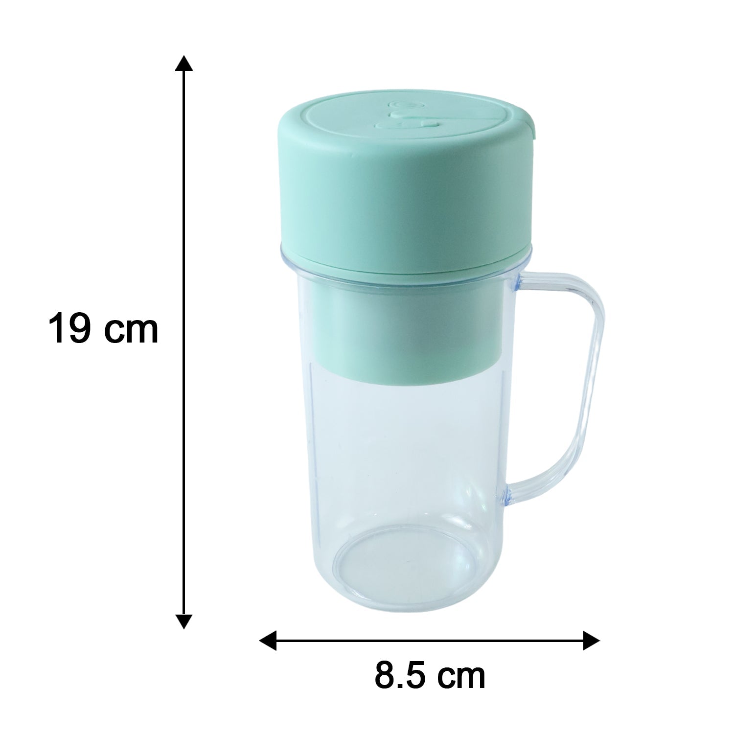 The clear blender bottle with mint green lid is shown with dimensions: 19 cm height and 8.5 cm width.