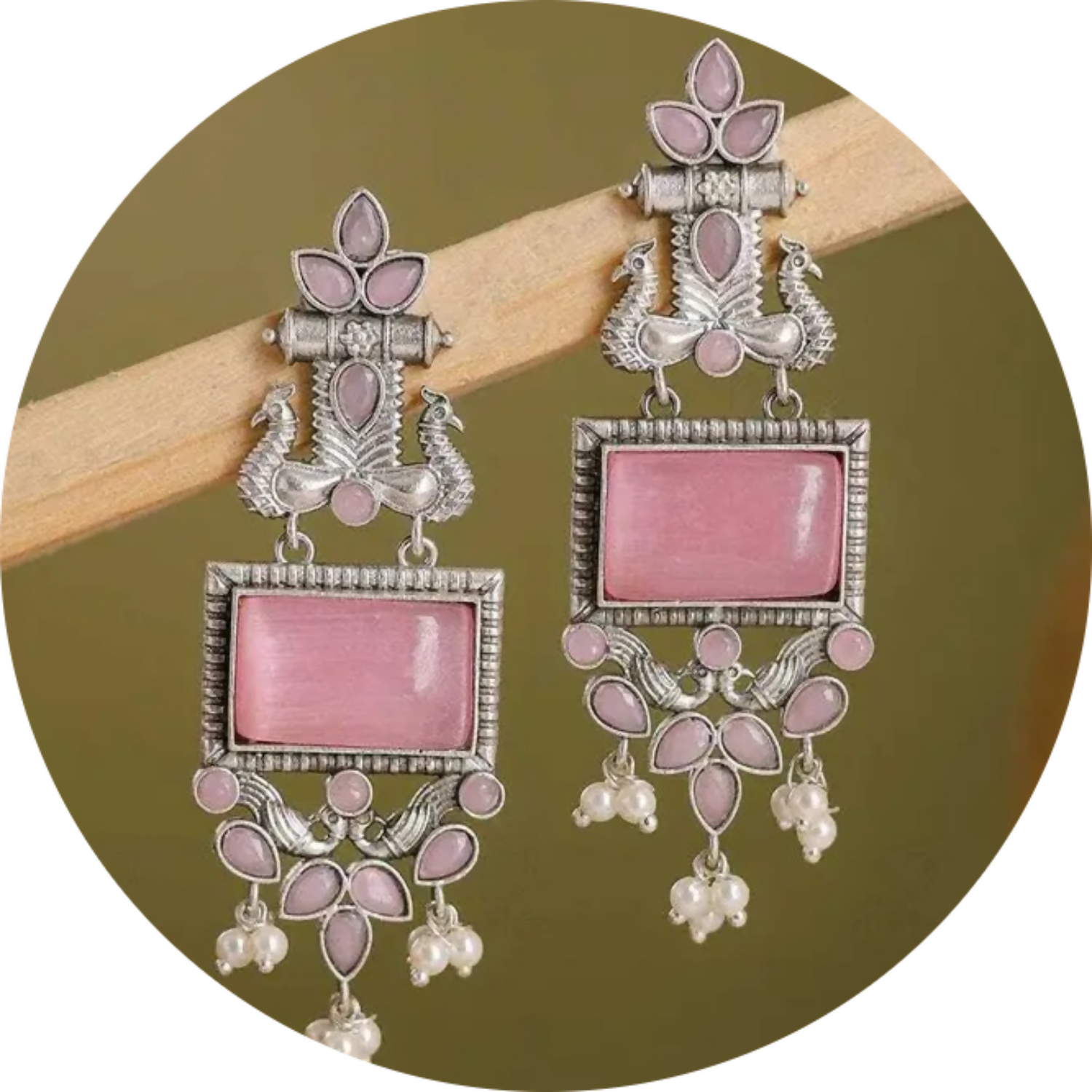 Traditional Oxidized Silver Pink Stone Pearl Drop Earrings