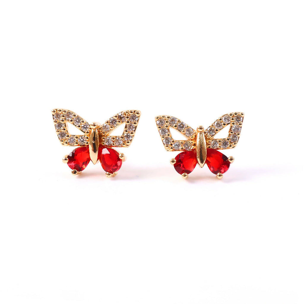 Butterfly Shape CZ Stud Earrings with Red Stone for Women & Girls