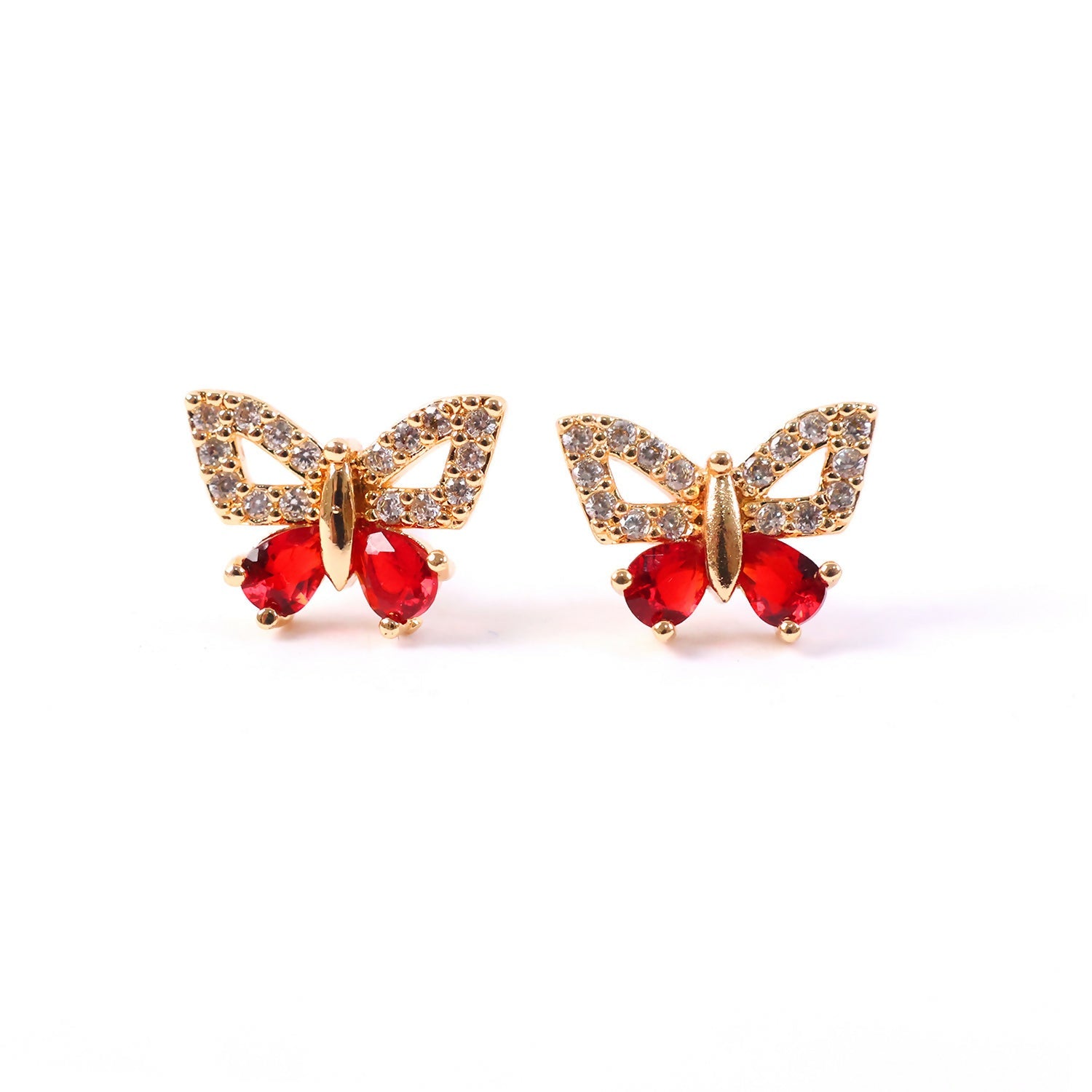 Butterfly Shape CZ Stud Earrings with Red Stone for Women & Girls