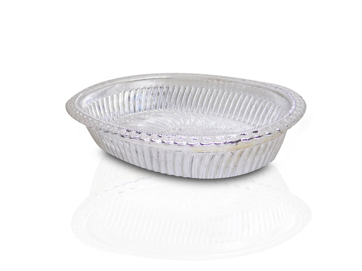 A silver oval decorative serving tray with a floral pattern on a white background, viewed slightly from above.