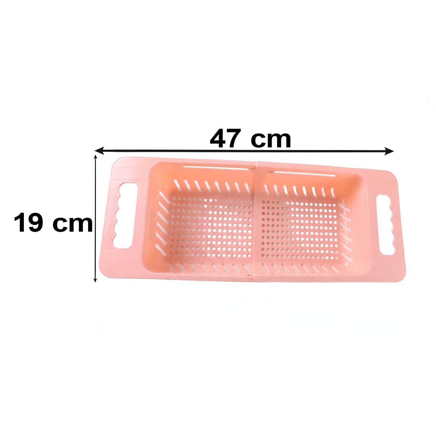 Pink plastic adjustable over-sink drain basket with dimensions of 47 cm length and 19 cm width indicated.