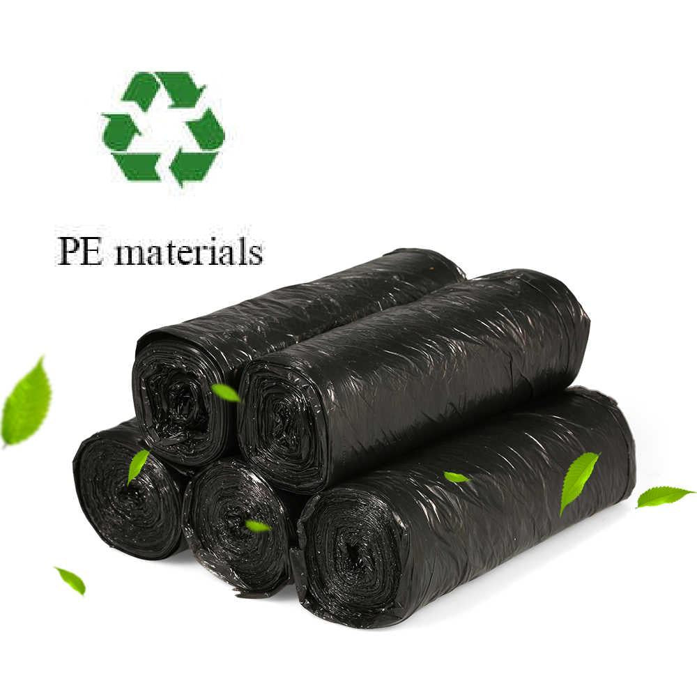 Six rolls of black garbage bags with a green recycling symbol and