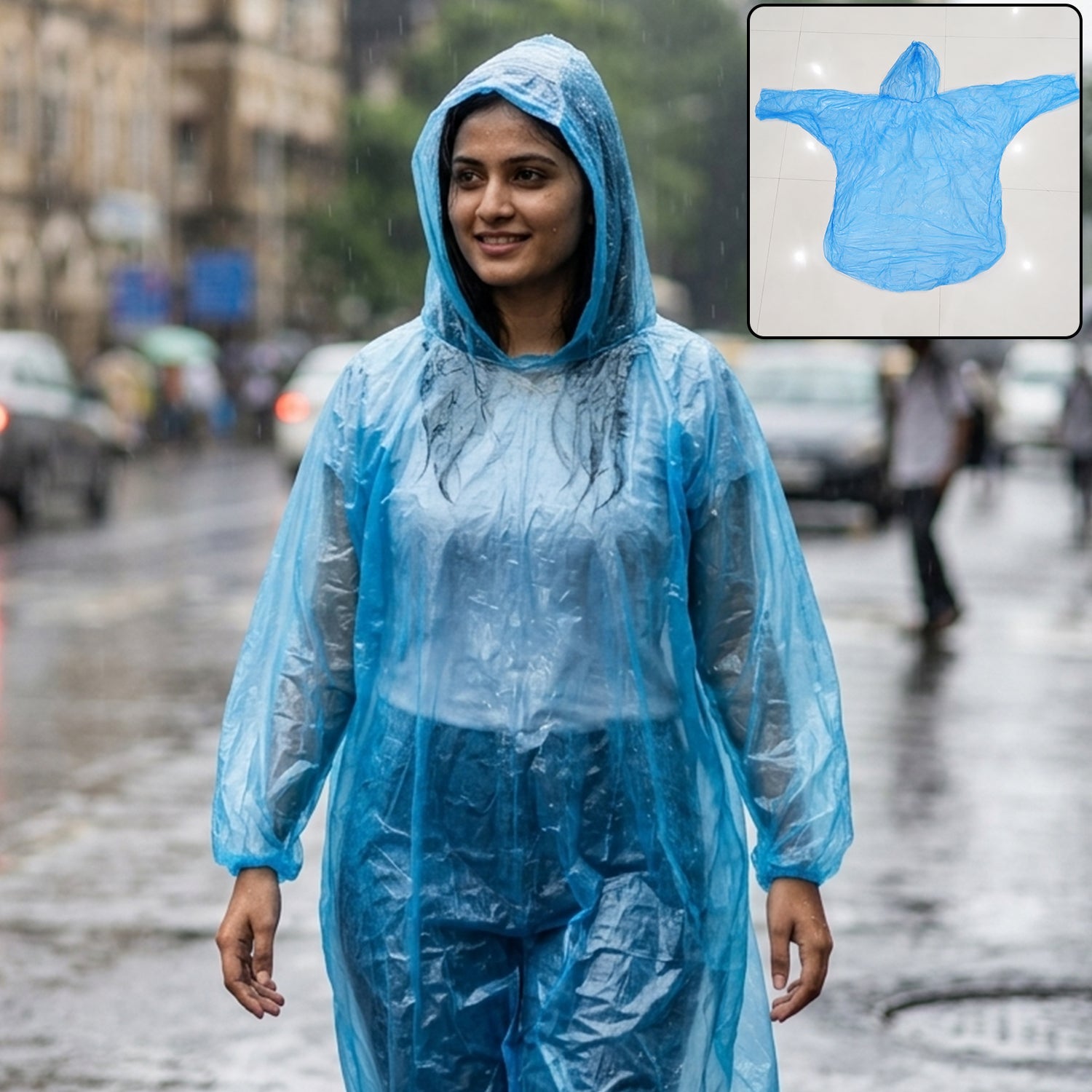 A smiling woman in a blue plastic poncho walks in the rain, with a smaller inset showing the poncho unfolded.