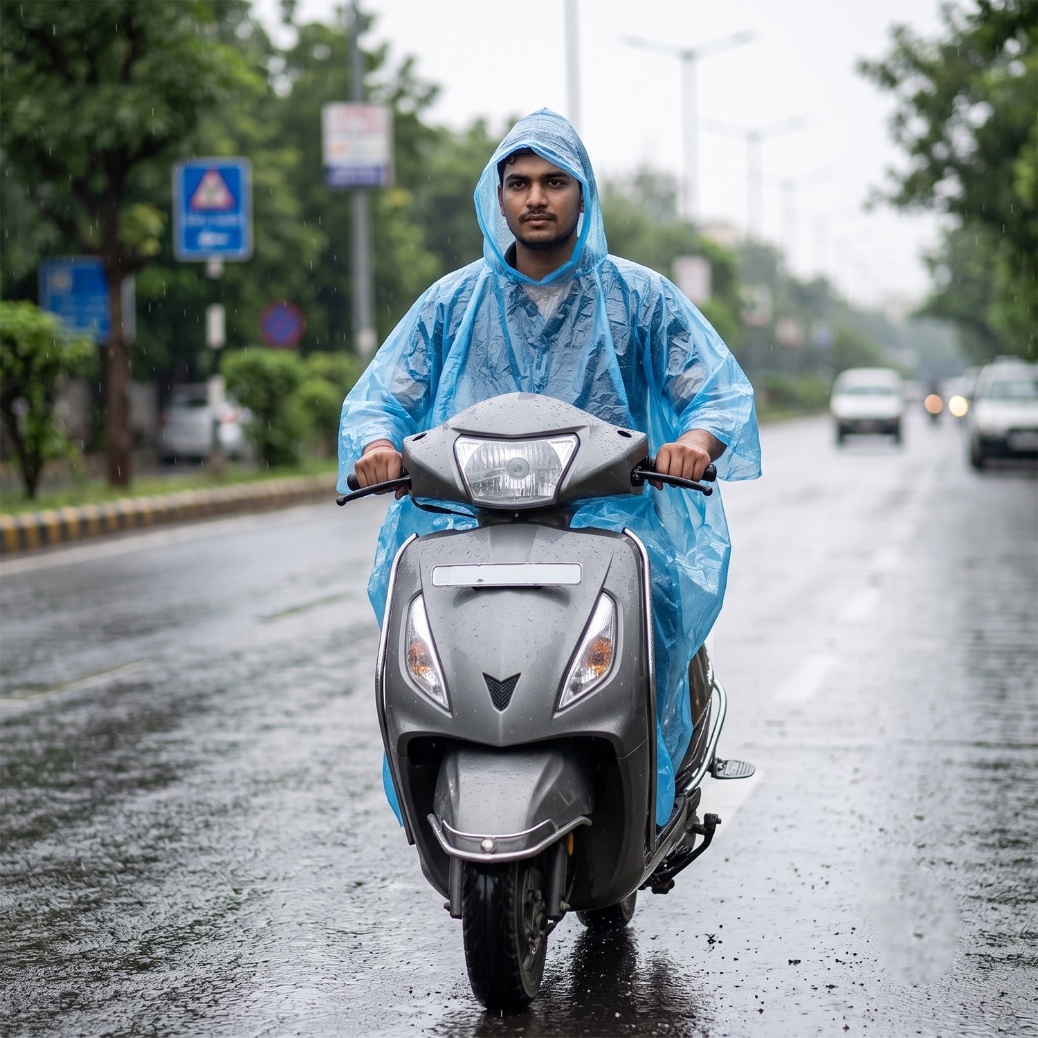 A light blue plastic poncho with a hood is spread flat on a white tiled floor, showing its full shape.