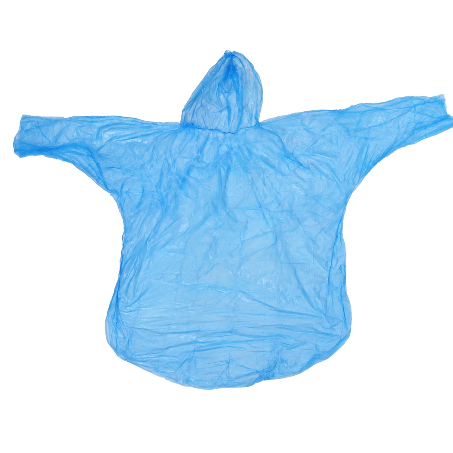 A blue plastic poncho with a hood is displayed flat on white, with arrows indicating 106 cm width and 70 cm length.