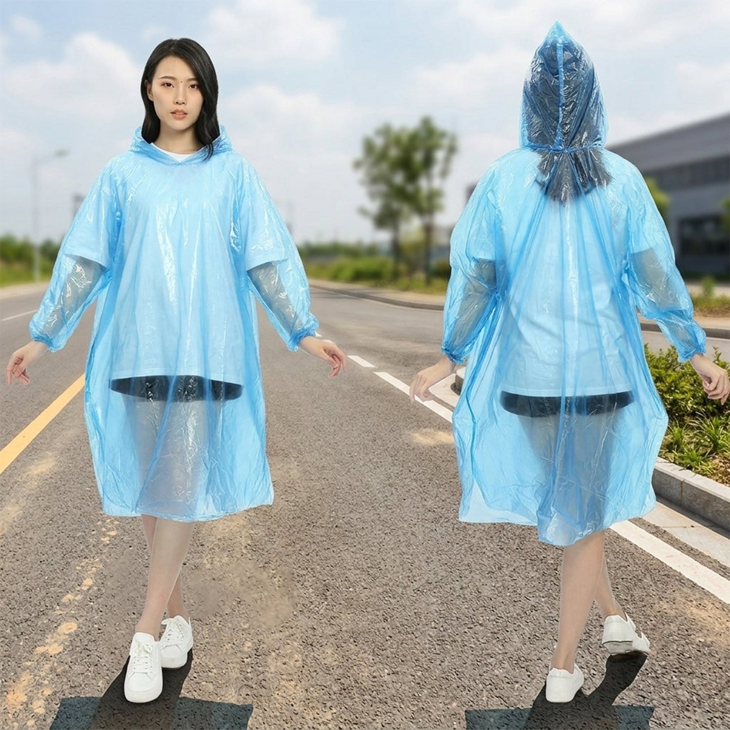 A woman in a blue plastic poncho smiles while walking in the rain on a city street with blurred vehicles.